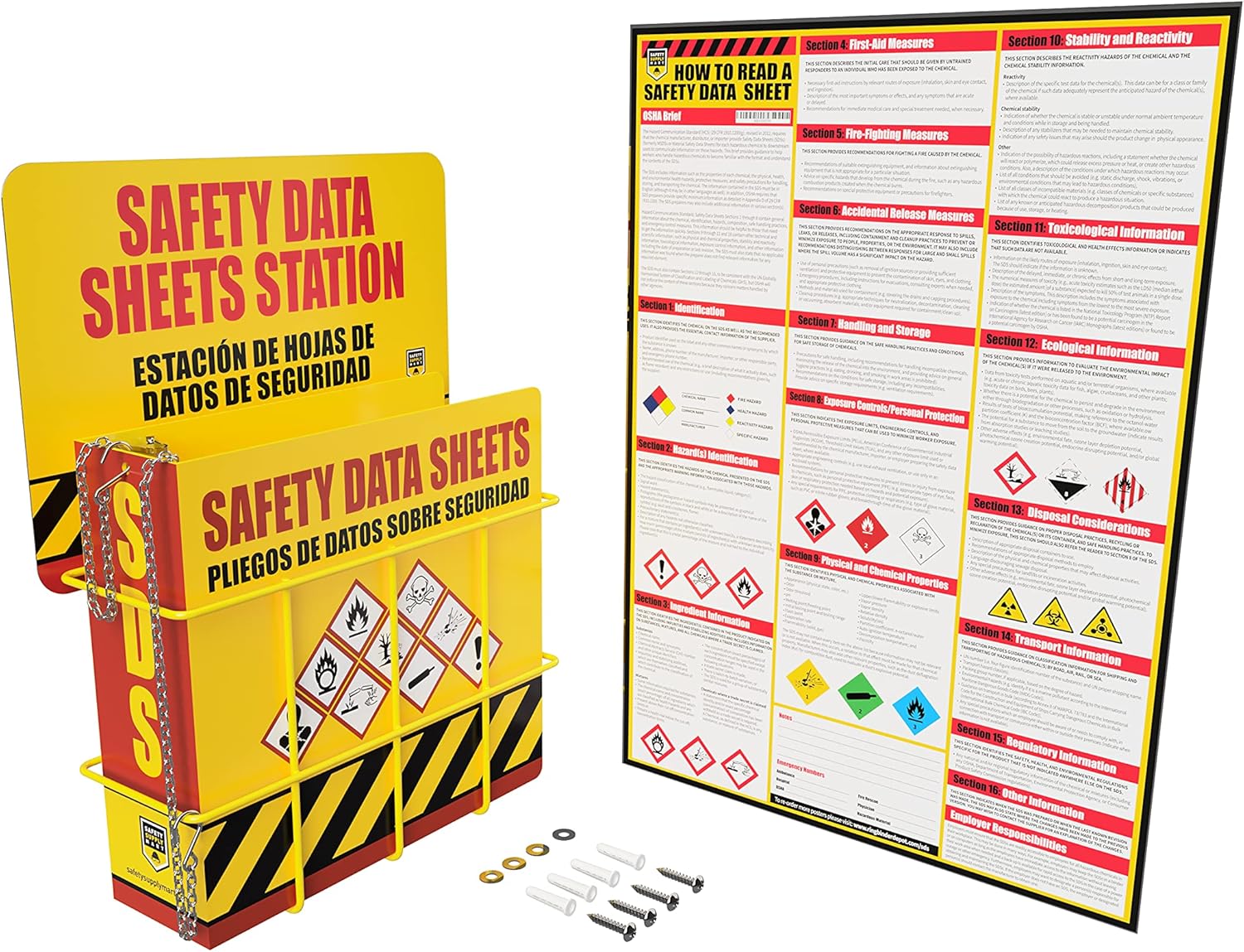 SDS Display Rack -Set with 3 Inch Heavy Duty Ring Binder, Wire Rack, SDS Station Sign, Chain, Mounting Hardware, SDS Poster Included