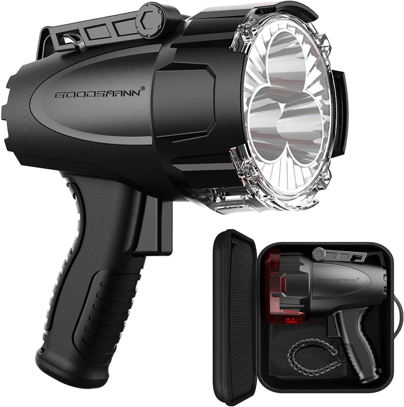 GOODSMANN Spotlight 6000 Lumen Boat Spotlight Waterproof Rechargeable Marine Spotlight LED Hunting Spotlight with Detachable Red Light Filter, EVA Carrying Case 9903-C102-01