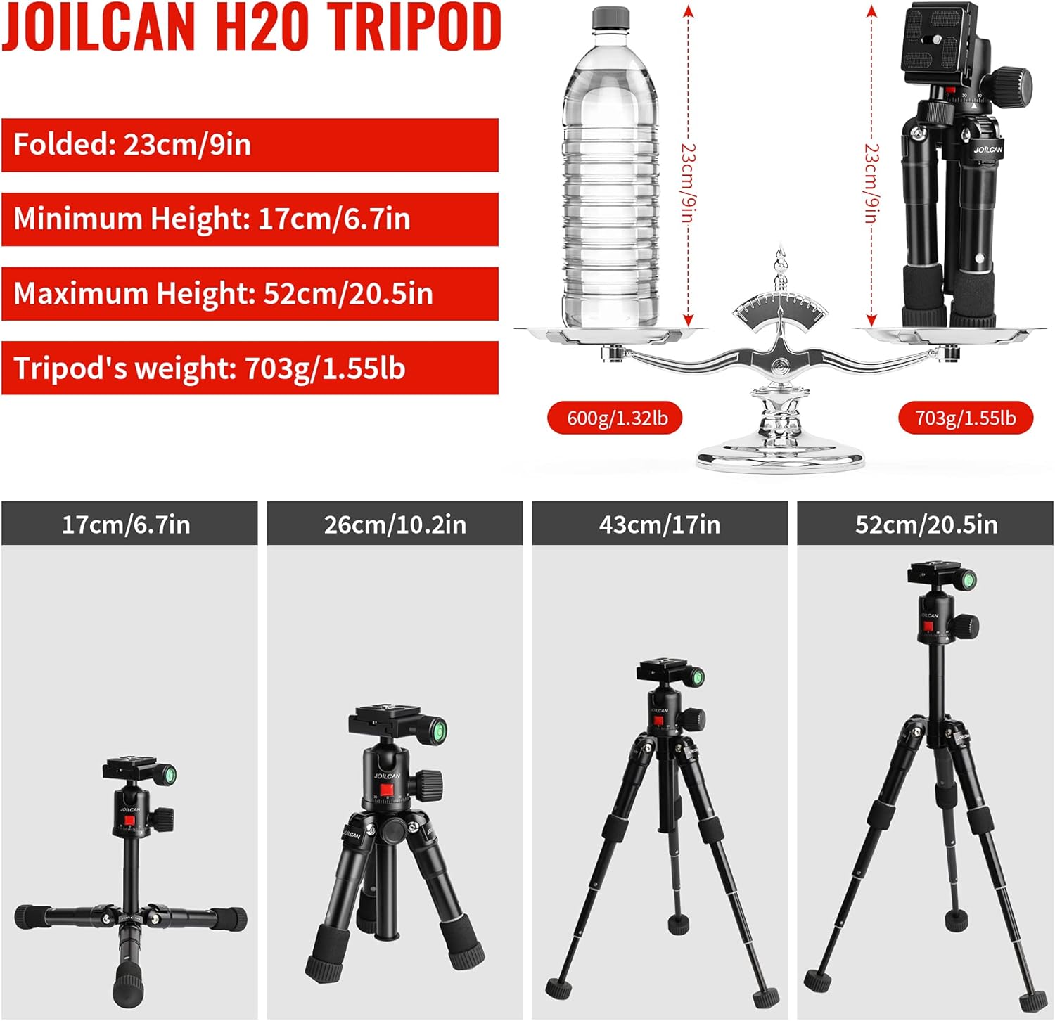 JOILCAN Tabletop Tripod 20in Aluminum Portable Desktop Camera Mini Tripod, Compact Travel Tripod Loads up to 15 lbs for DSLR/Phone Video with 360 Degree Ball Head & Phone Mount - H20 Black Pack of 2