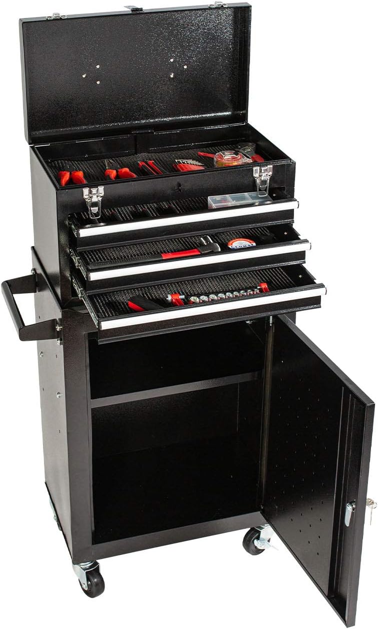 3-Drawer Big Rolling Tool Chest Organizers,High Capacity Removable Tool Storage Cabinet and Top Chest with Lockable Drawer,Portable Tool Box with Wheels for Warehouse,Garage,Workshop (Black)