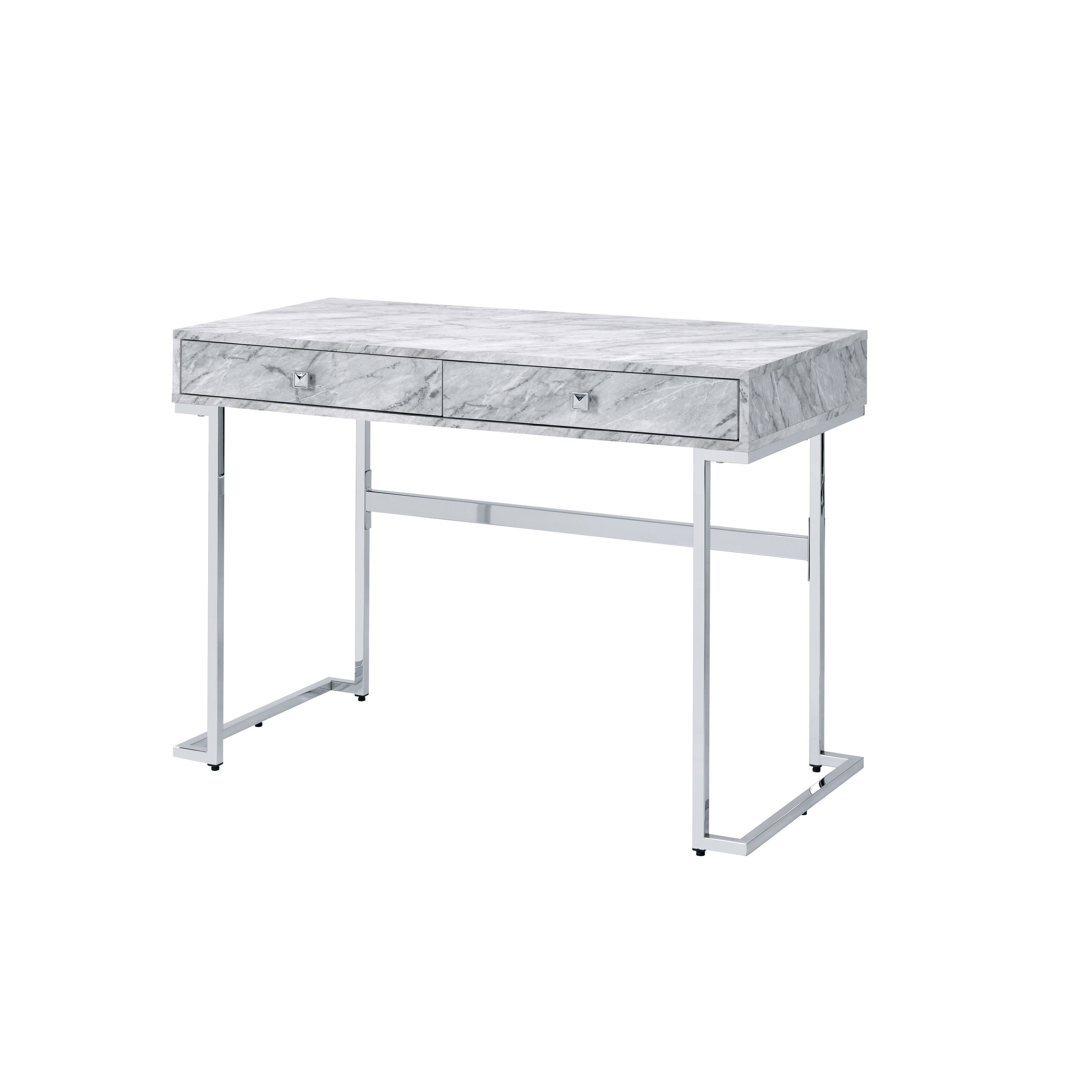 Acme Tigress Writing Desk White Faux Marble u0026 Chrome Finish
