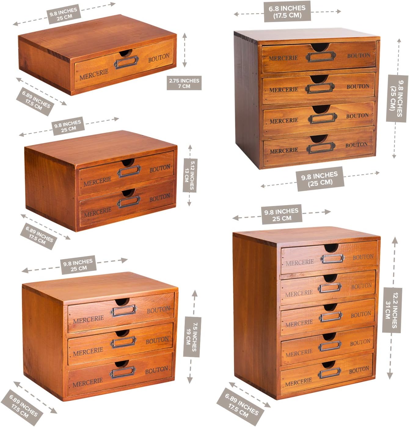 5-Piece Vintage Organization and Storage Set - Single Drawer, 2-Drawer, 3-Drawer, 4-Drawer & 5-Drawer Organizer Chests - Wooden Desk Organizers and Accessories - Standalone / Stackable Storage Drawers