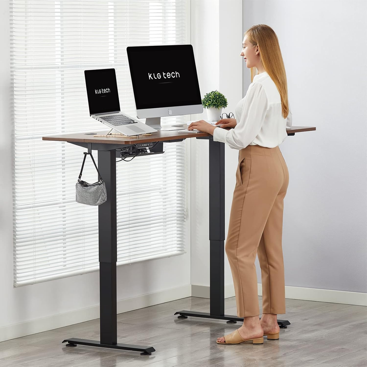 Standing Desk,Sit Stand Corner Desk, Electric Dual Motors Standing Desk L Shape, 55x34Inch Ergonomic Standing Desk, Adjustable Height Computer Workstation with 2 Hooks, Black Frame/Walnut Top