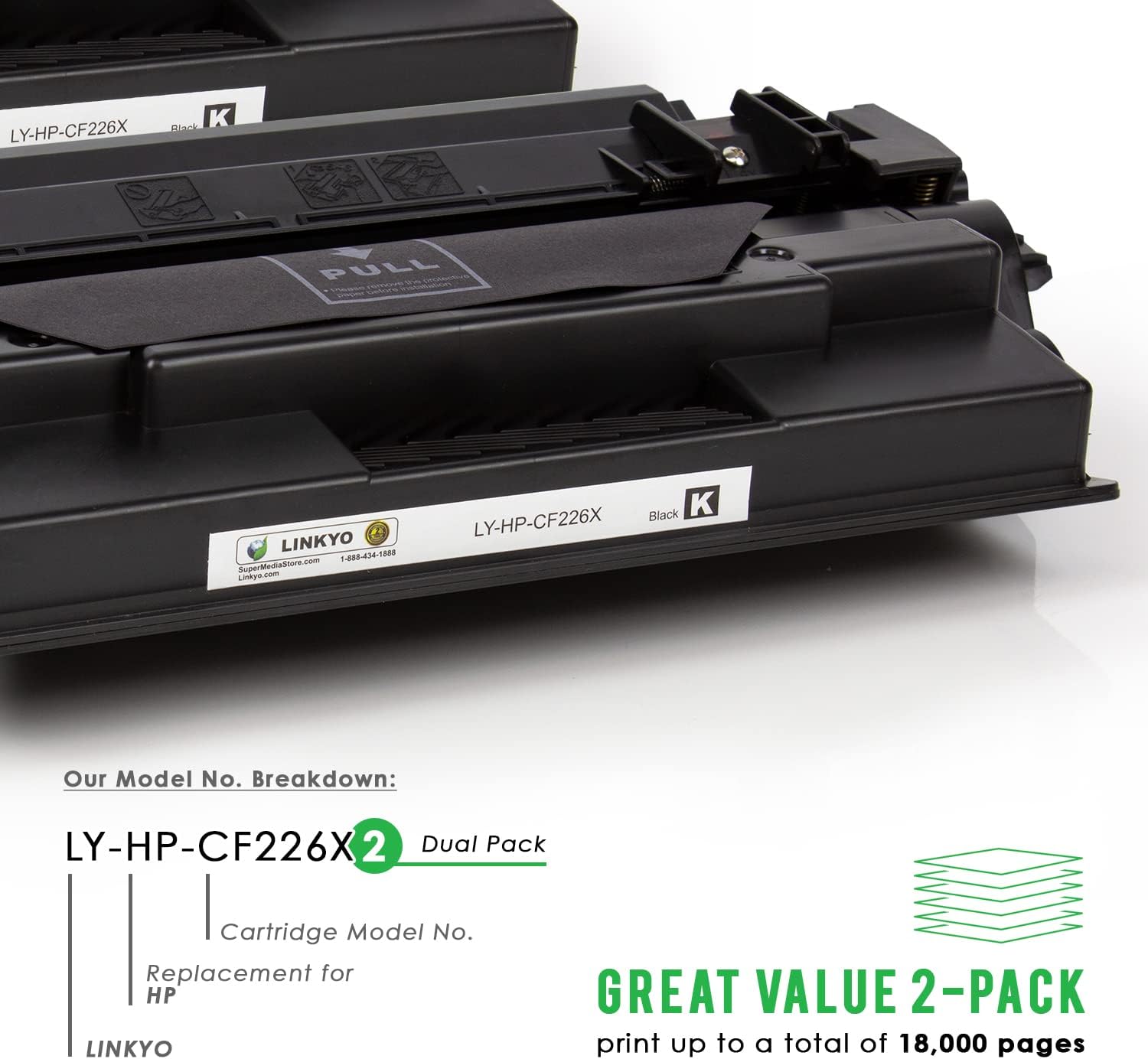 LINKYO Compatible Toner Cartridge Replacement for HP 26X CF226X (Black, High Yield, 2-Pack) Pack of 2