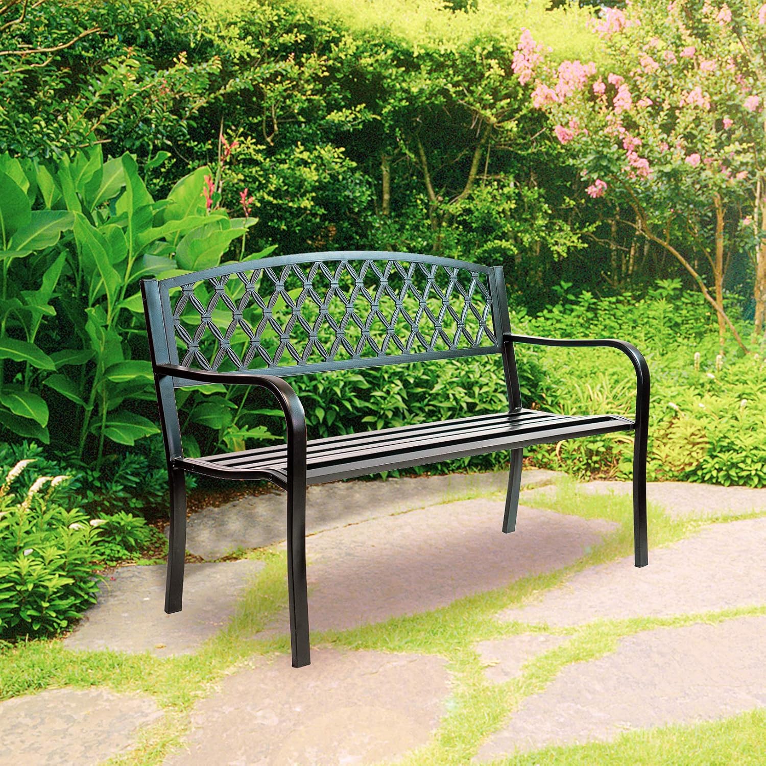 Patio Premier 213045 Lattice Back Metal Park Bench, Black