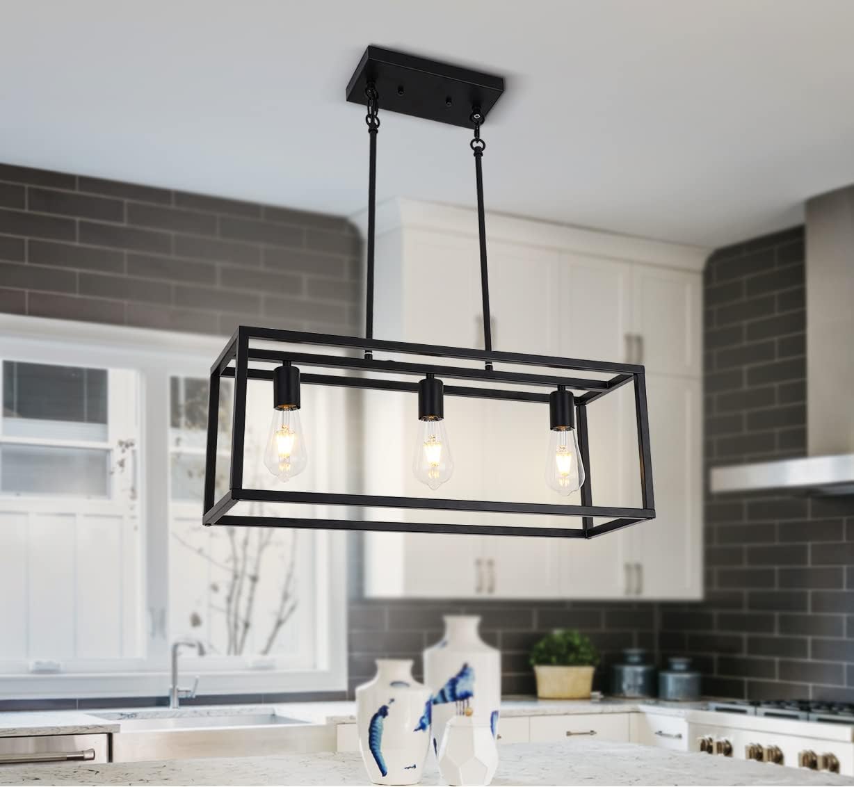 Black Kitchen Island Lighting, Farmhouse Light Fixtures, Linear Farmhouse Chandelier,3 Lights Metal Light Fixtures Ceiling for Dining Room, Kitchen, Bar, Foyer