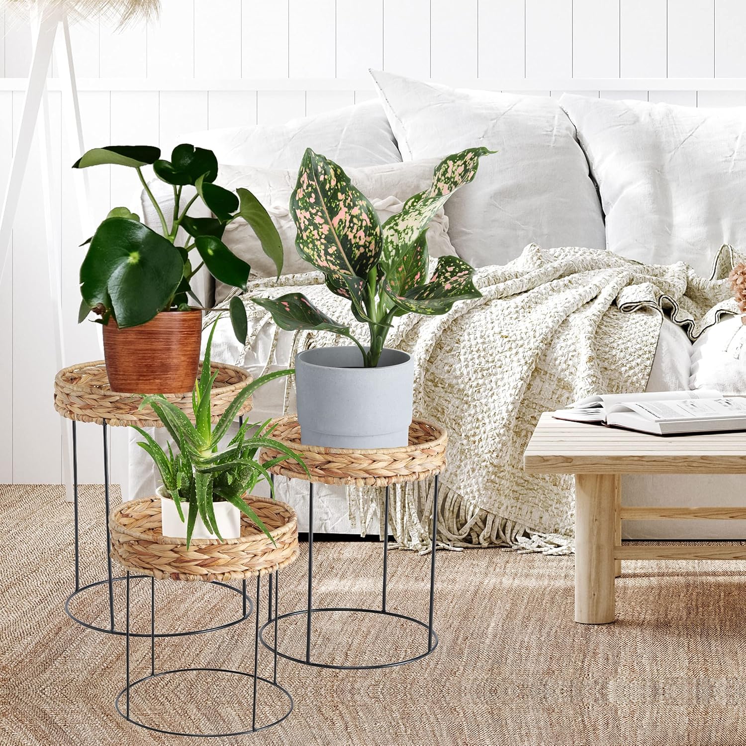 WHW Whole House Worlds Modernist Home Wicker Top Accent Tables, Set of 3, Circular, Slim-line Black Iron Metal Base, Woven Water Hyacinth, 14.25, 17, and 19 Inches Tall Modern Rustic