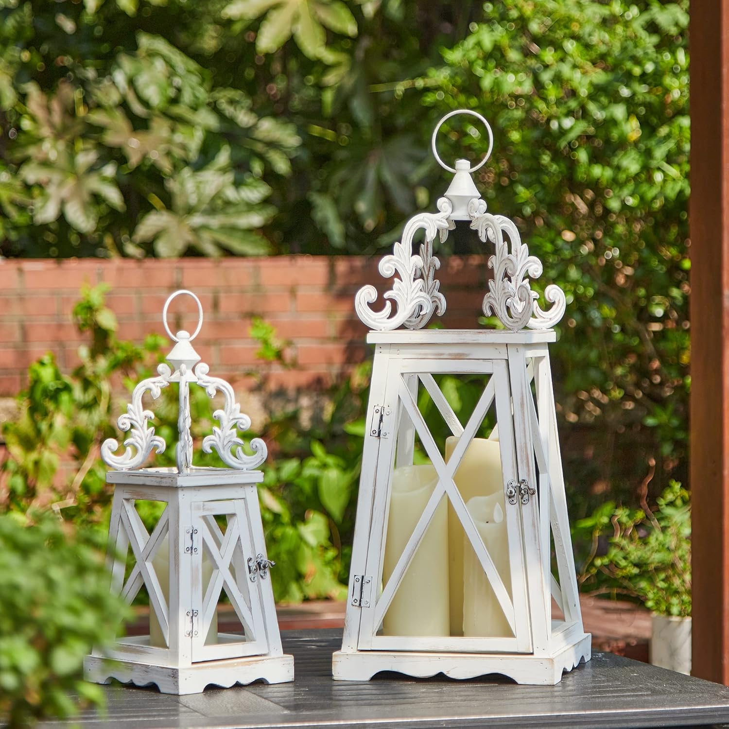 Glitzhome Farmhouse Decorative Wood Candle Lanterns Vintage Decorative Bird Cage Candle Holders Set of 2 Distressed Hanging Lanterns Rustic Lantern Decor for Wedding Garden, Wash White, No Glass Pack of 2