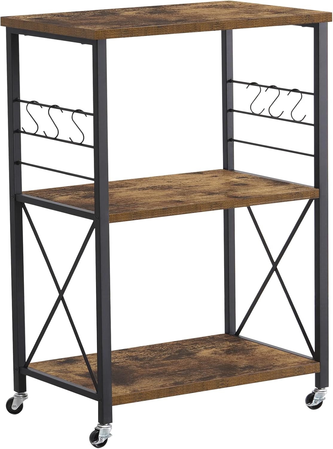 Snughome Industrial Kitchen Baker's Rack, 3-Tier Microwave Oven Stand Storage Cart on Wheels with 6 Side S-Shaped Hooks, Utility Storage Shelf for Spice Rack Organizer Workstation, Rustic Brown