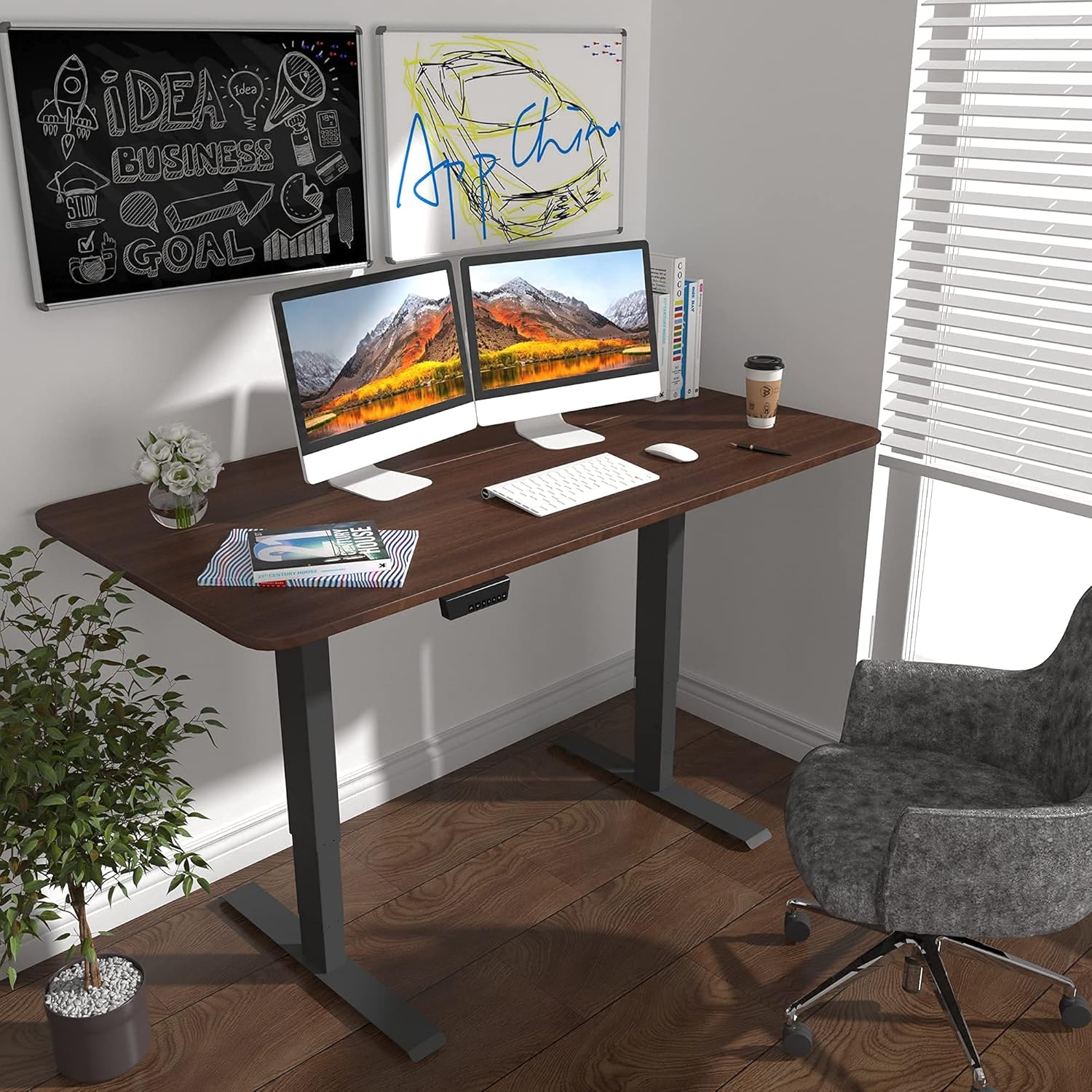 HOUSEELF Electric Height Adjustable Standing Desk - 48 x 24 Inches Stand Up Computer Writing Desk with Smart Memory Screen for Home, Office, Workstation, Black Frame & Walnut Top