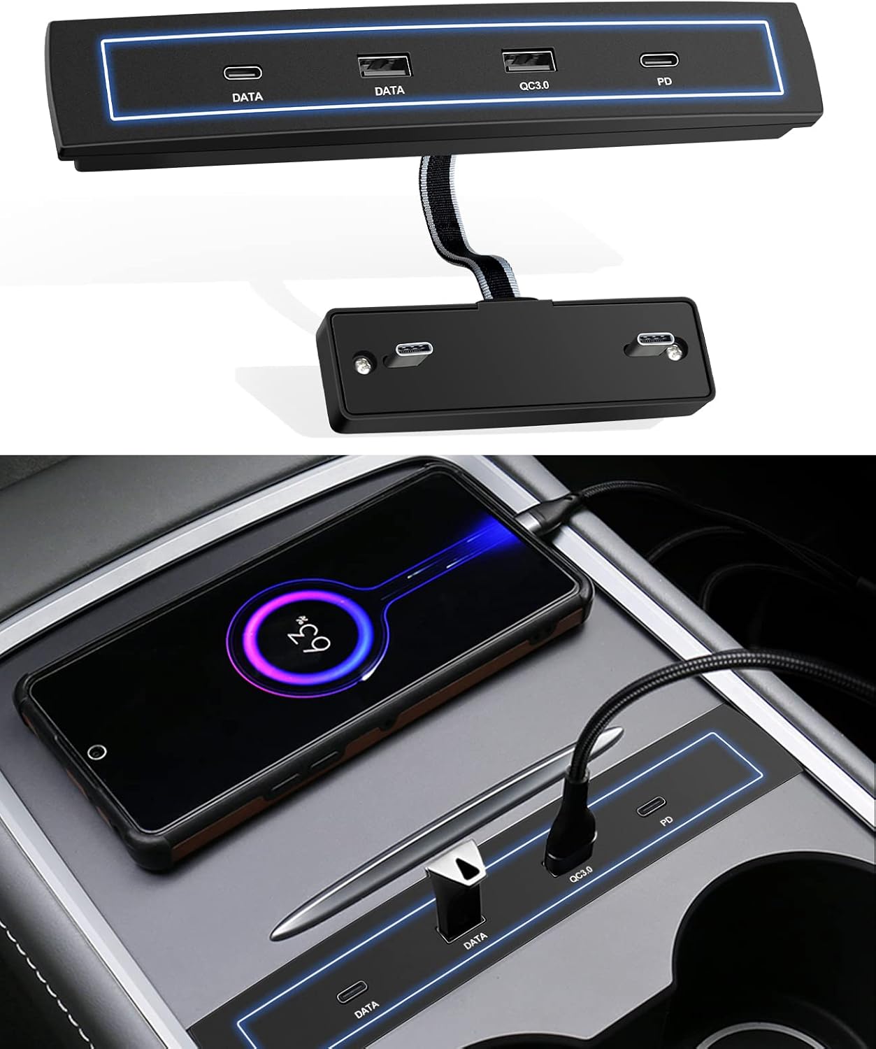 MOYOON Tesla Model Y/3 USB Hub Port Adapter, Data Hub Compatible Docking Station of Center Console,Smart Sensor 4 in 1 USB Hub Center Console Adapter,Fit for 2021 2022 Tesla Pack of 2