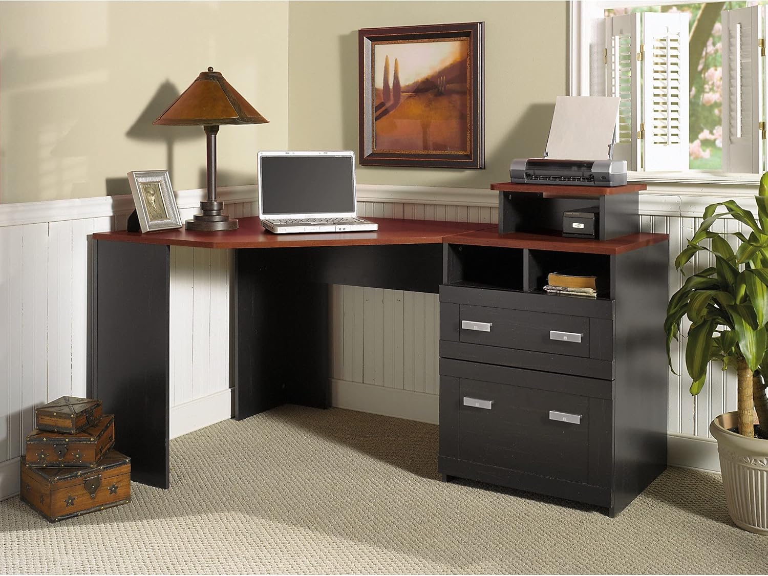 Bush Furniture Wheaton Reversible Corner Desk, Antique Black/Hansen Cherry