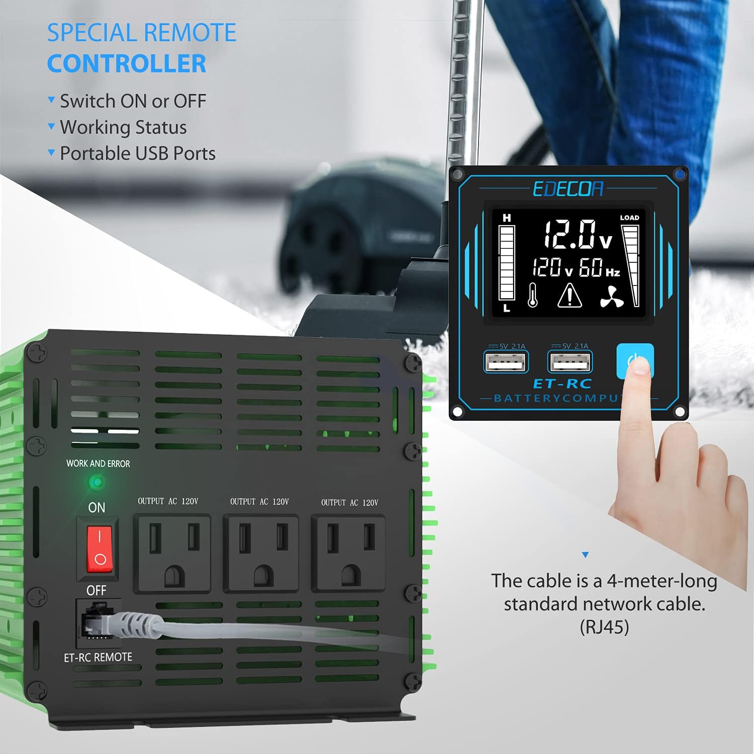 EDECOA 2000 Watt Power Inverter DC 12V to AC 110V 120V with LCD Display and Remote Controller Dual USB (2000W 12V (ET-RC Remote))