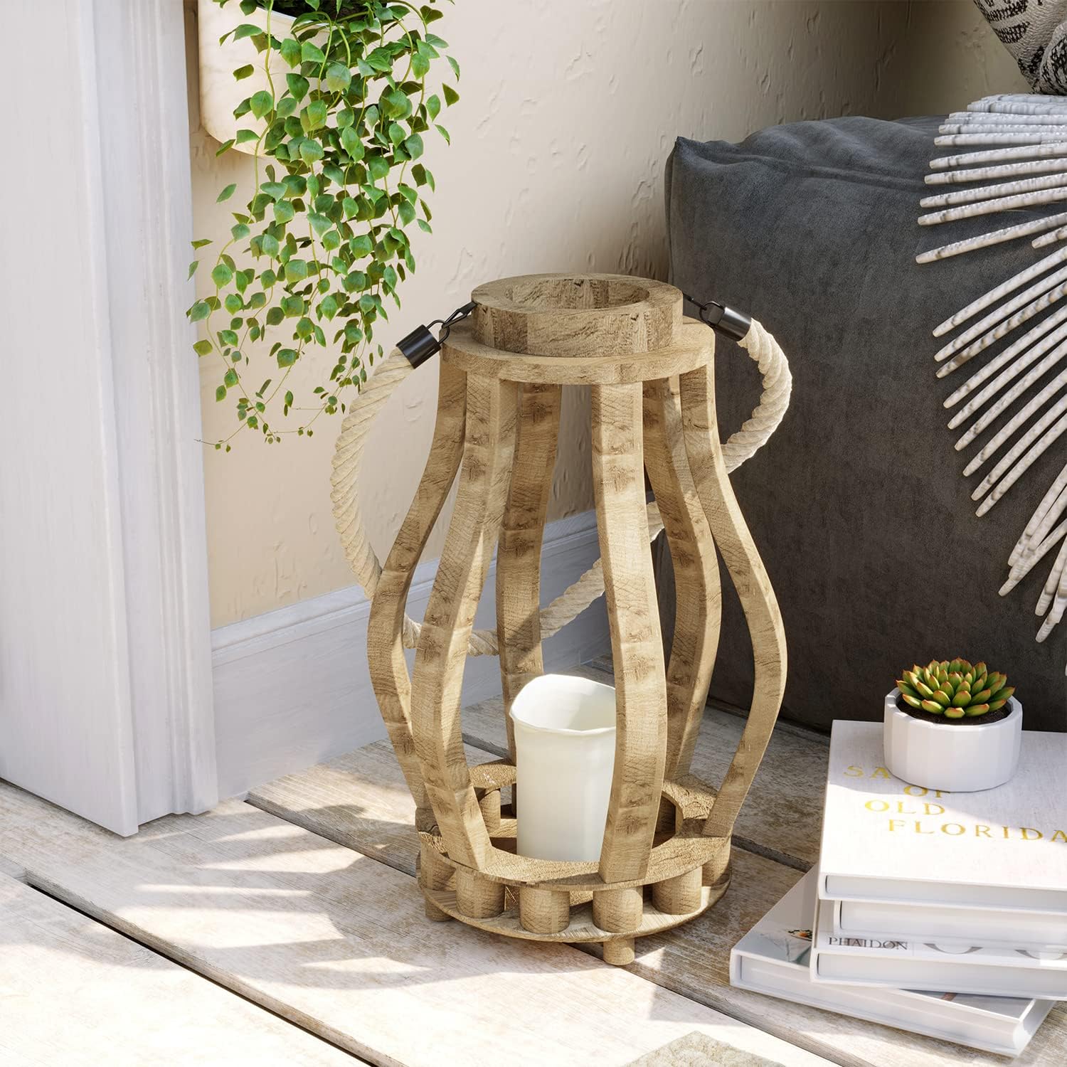 COSIEST Rustic Decorative Wooden Decorative Lantern,14.6-Inch Flameless Candle Holder Battery Powered, Hanging Lanterns with Hemp Rope Handle,Festive Country Decor Pack of 2