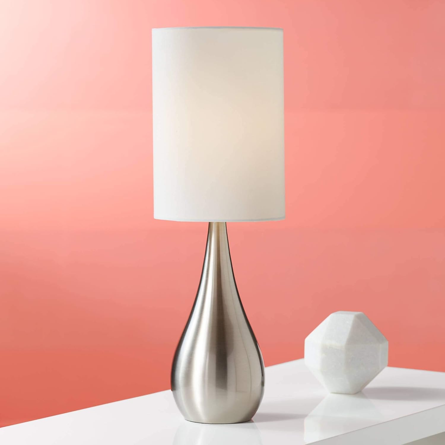 Evans Modern Contemporary Accent Table Lamps Set of 2 Brushed Nickel Metal Teardrop White Cylinder Shade for Living Room Bedroom House Bedside Nightstand Home Office Family - 360 Lighting