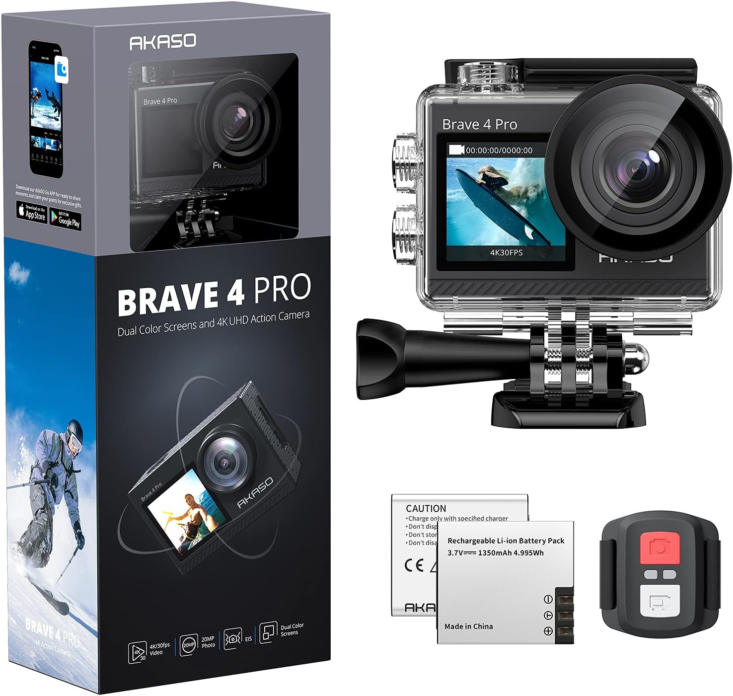 AKASO Brave 4 Pro 4K30 Action Camera - 131ft Waterproof Camera with Touch Screen Advanced EIS Remote Control 5X Zoom Underwater Camera Support External Mic