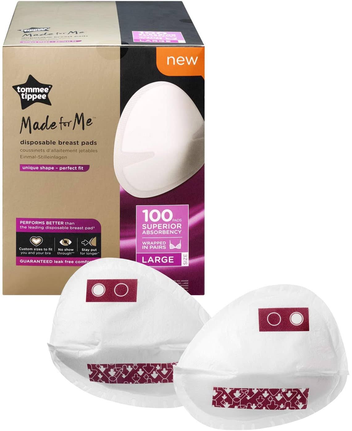 Tommee Tippee Made for Me Daily Disposable Breast Pads, Contoured, Soft, Super Absorbent and Leak-Free, Large, Pack of 100