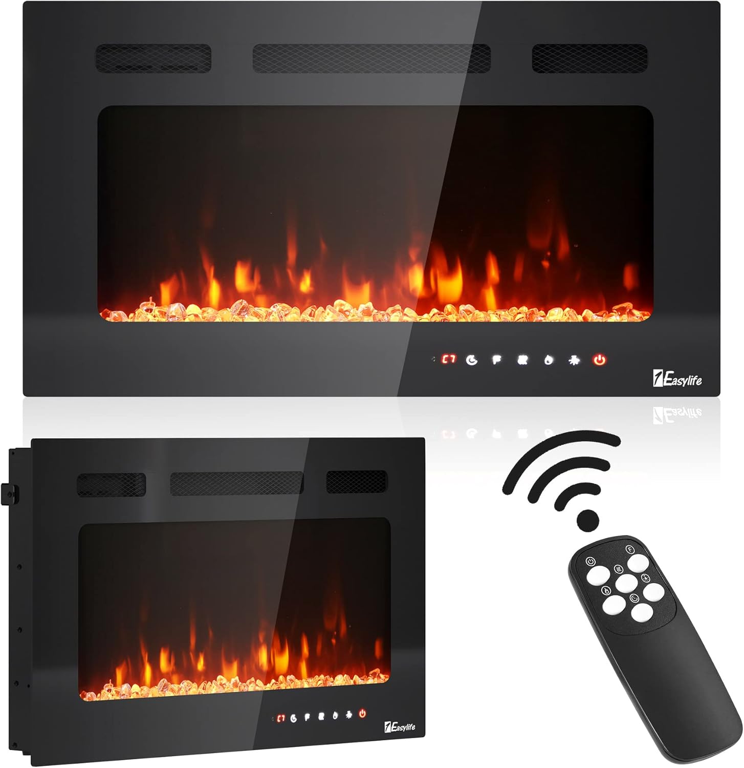 1Easylife 30 inch Electric Fireplace Recessed and Wall Mounted, Fireplace Heater with Touch Screen and Remote Control, Linear Fireplace with Timer, Adjustable Flame Color, 750w/1500w Heater, Black