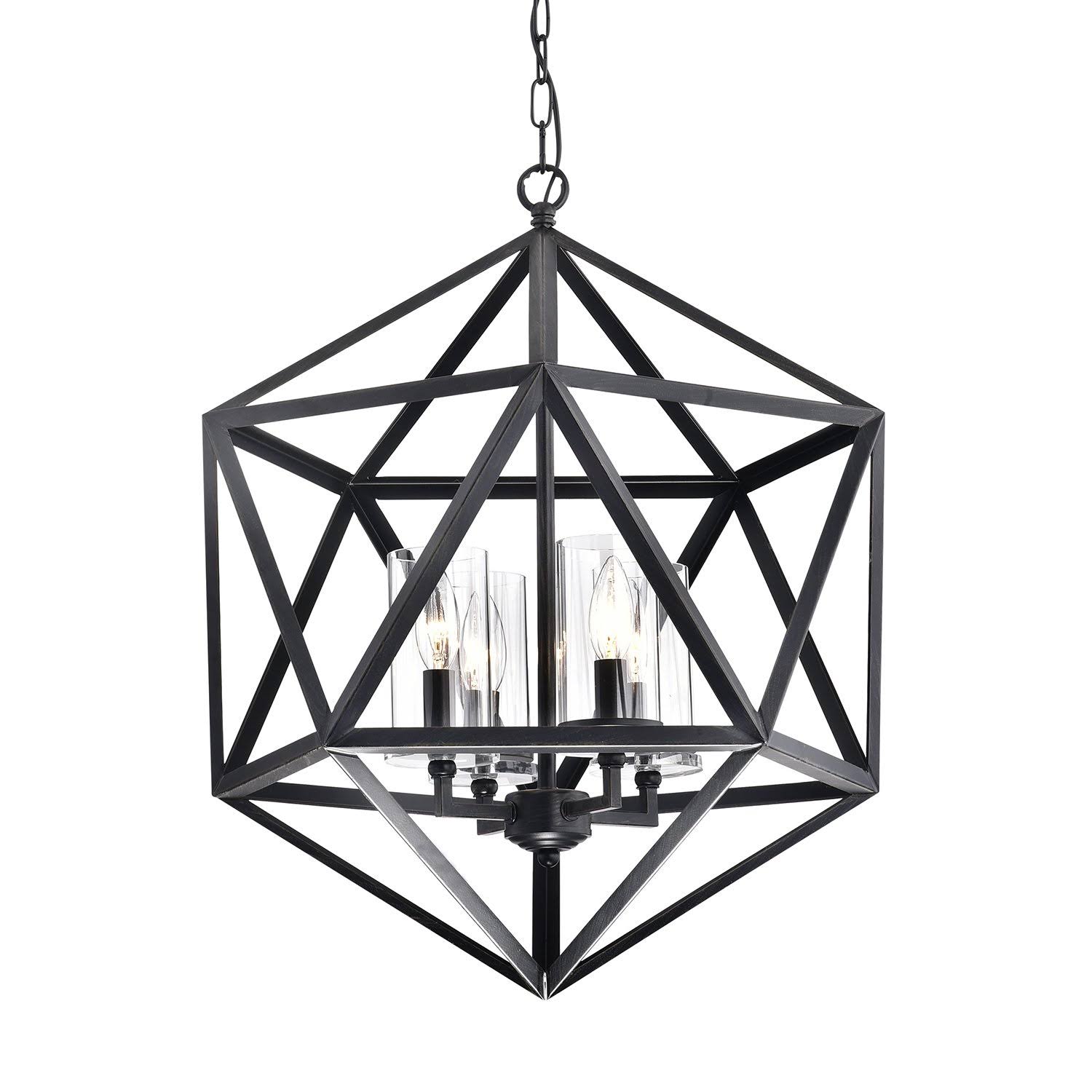 Edvivi 4-Light Antique Black Geometric Iron Cage Chandelier with Glass Shade