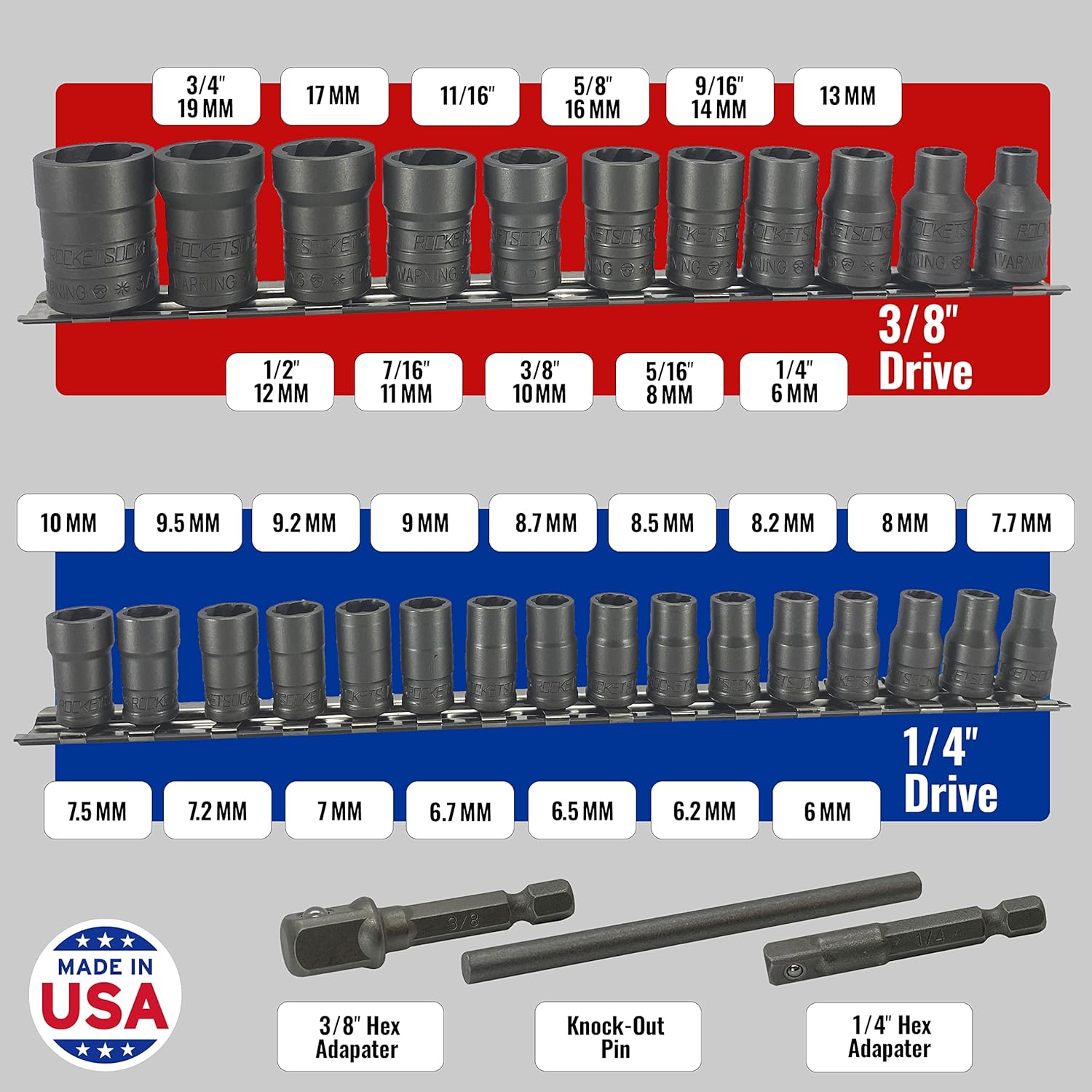 ROCKETSOCKET | 30 Piece Extraction Socket Tool Set | &frac14; in. and ⅜ in. Drive | Made in USA Steel