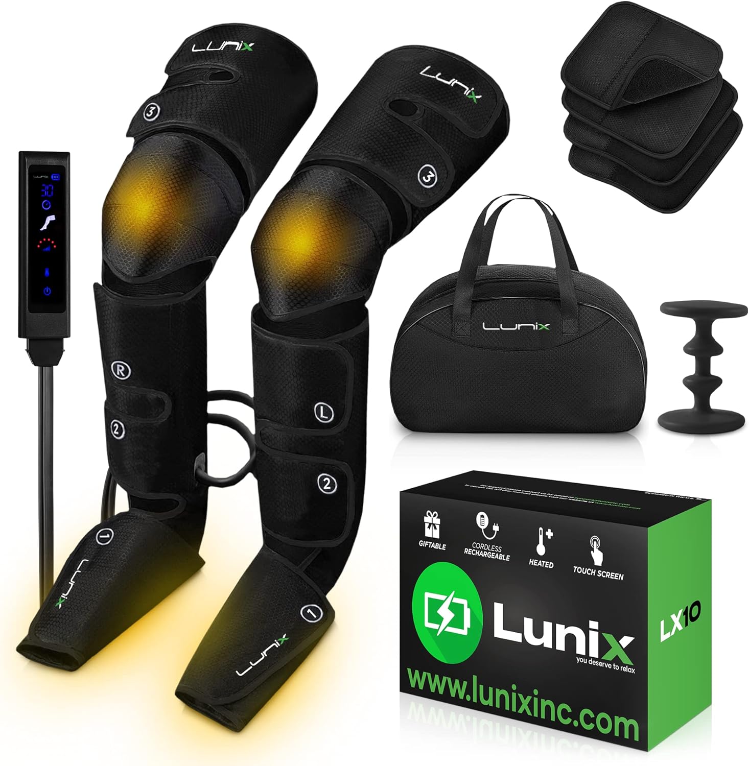 Lunix LX10 Foot, Calf, Leg Air Compression Massager Machine, Cordless and Rechargeable Thigh and Knee Boots Device with Heat for Circulation and Recovery, Legs Pain Relief, Lymphatic Drainage, Black