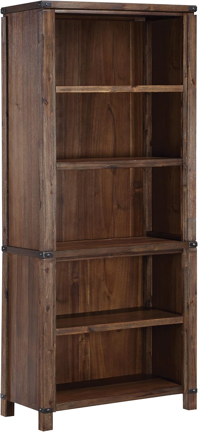 OSP Designs Baton Rouge Rustic 72 Inch Bookcase with Metal Accents and Adjustable Shelves, Brushed Walnut