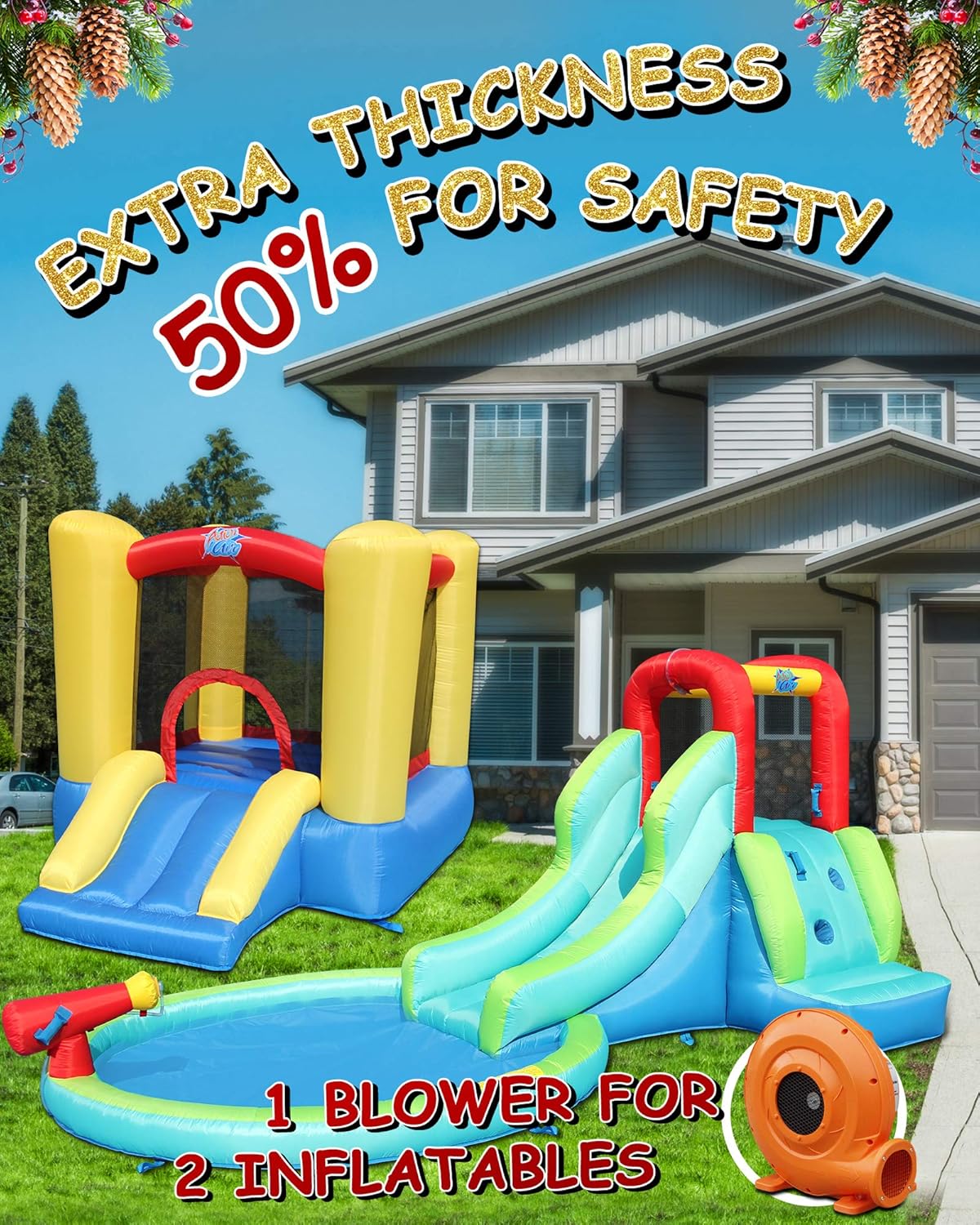 Action air Bounce House, Bouncy House with Waterslide, Gift Combo Package Included Bouncer & Waterslide, 1 Blower for 2 Inflatables, Kids Bounce House for Backyard Fun (S4CP01)