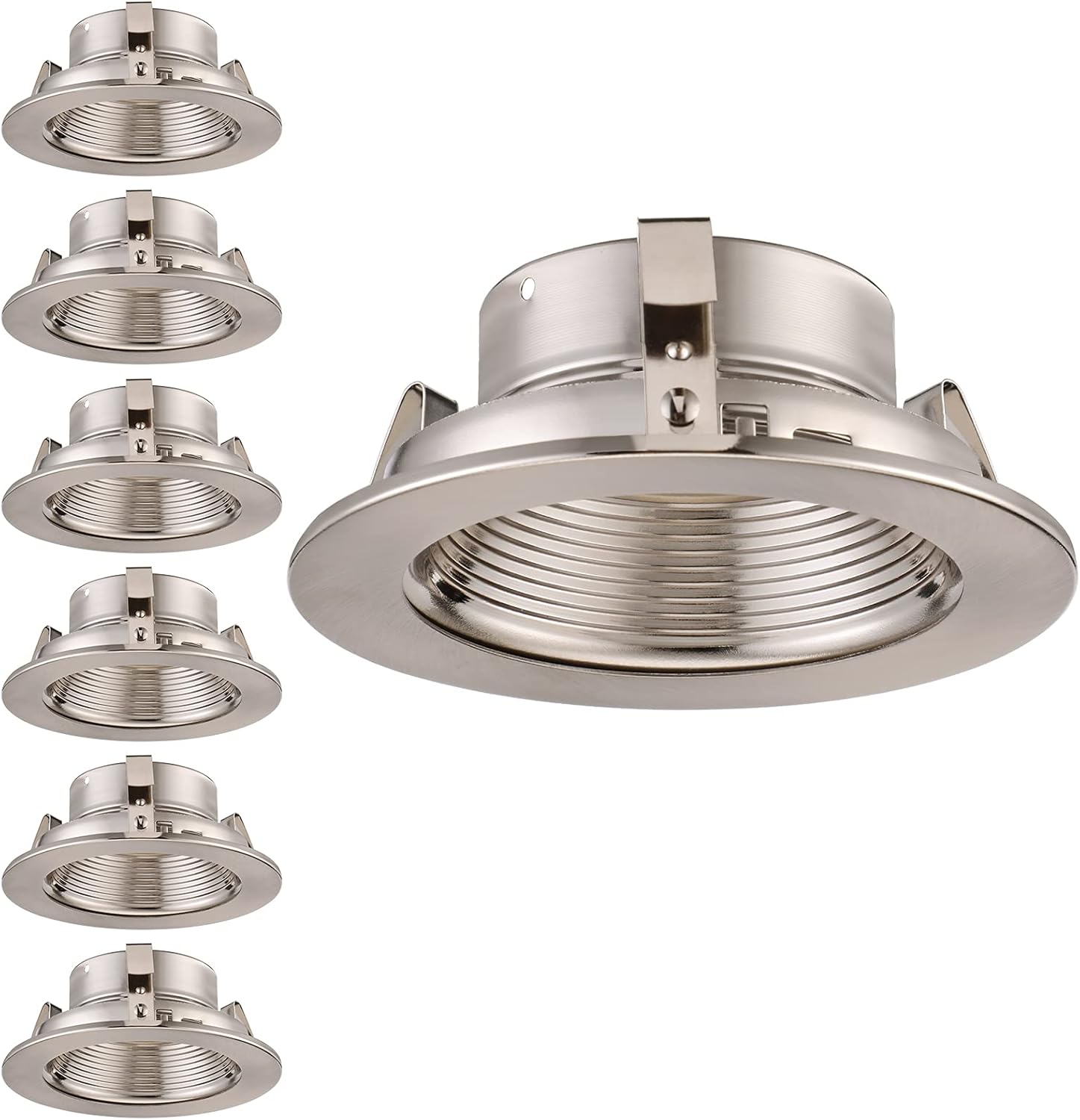 TORCHSTAR 4 Inch Recessed Light Trim with Satin Nickel Metal Step Baffle, for Recessed Can, Fit Halo/Juno Remodel Recessed Housing, Line Voltage Available, Pack of 6