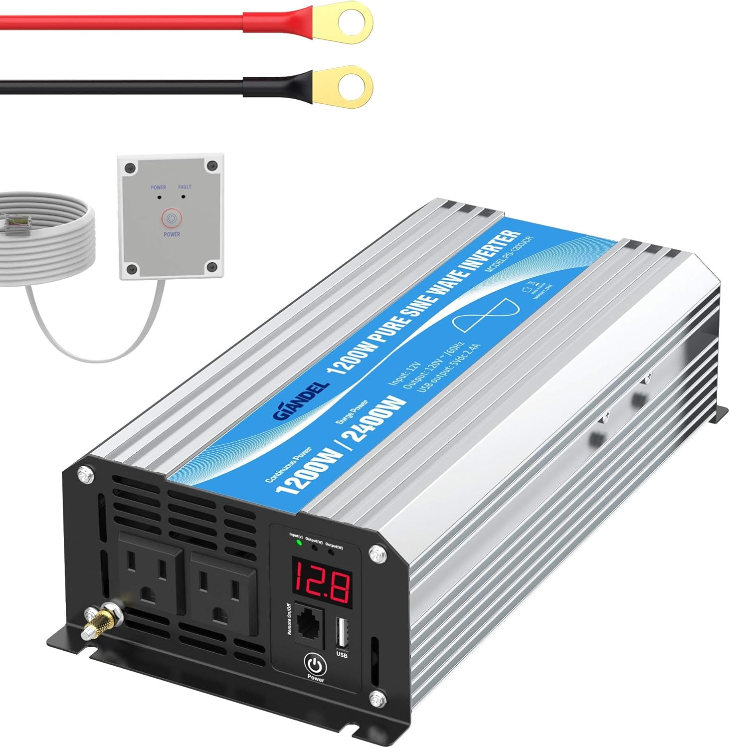 Power Inverter Pure Sine Wave 1200Watt 12V DC to 110V 120V with Remote Control Dual AC Outlets and USB Port for RV Car Solar System Emergency