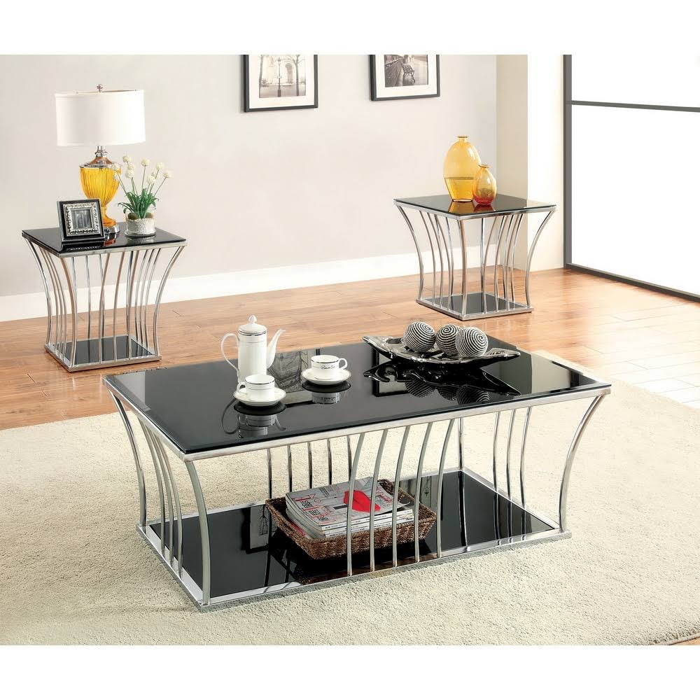 Furniture of America Hice Modern Black 48-Inch Glass-Shelf Coffee Table - Chrome