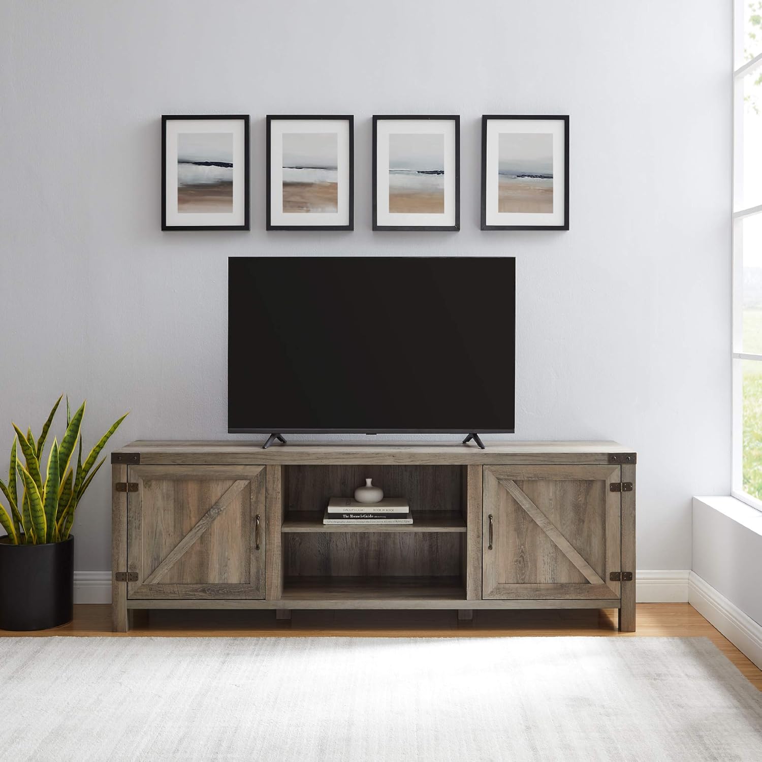 Home Accent Furnishings Tucker 70 Inch Barn Door TV Console in Grey Wash