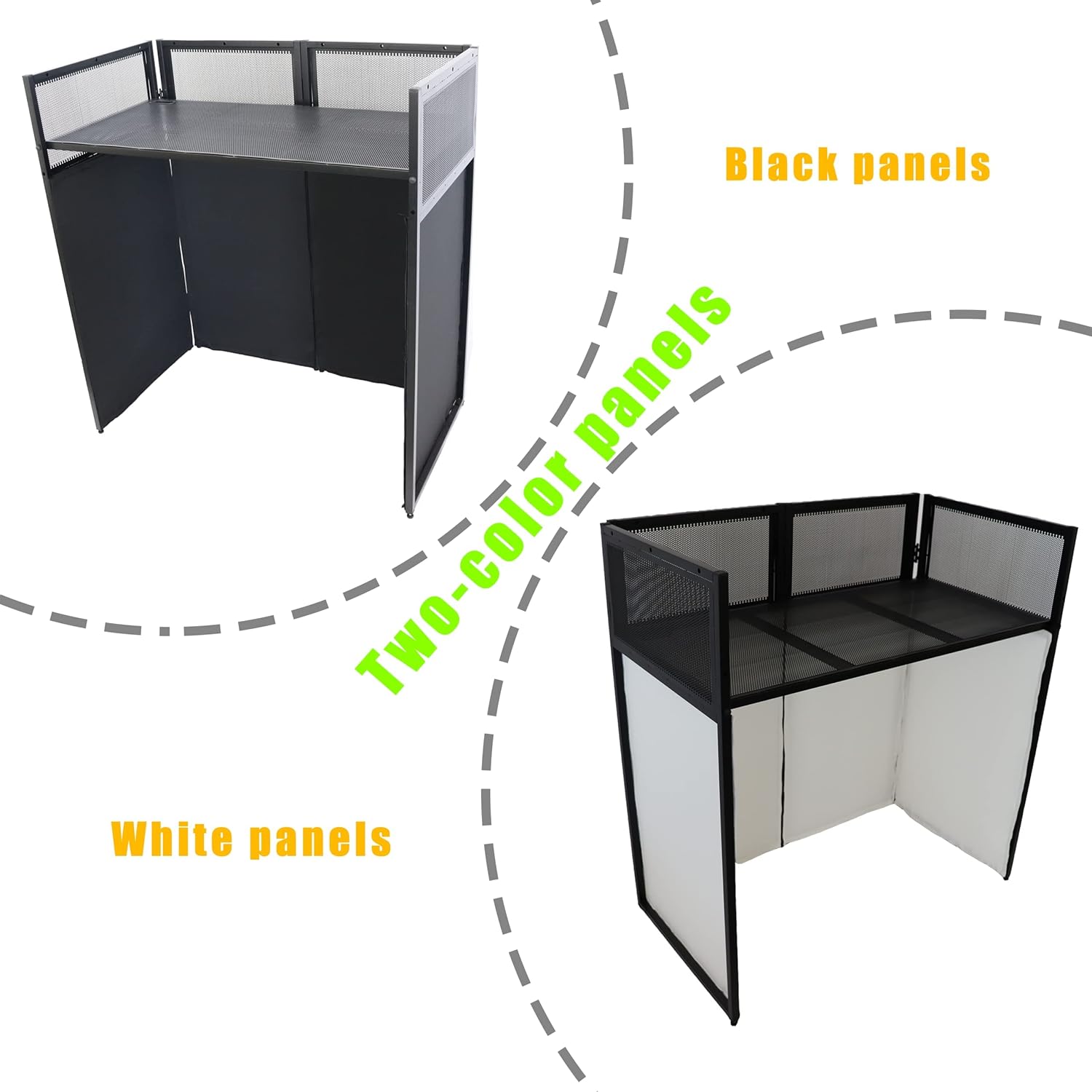 Sardoxx DJ Booth DJ Facade Adjustable Height DJ Event Booth Foldable Cover Screen Metal Frame Booth + Built in Flat Table w/Travel Bag Black White Scrims