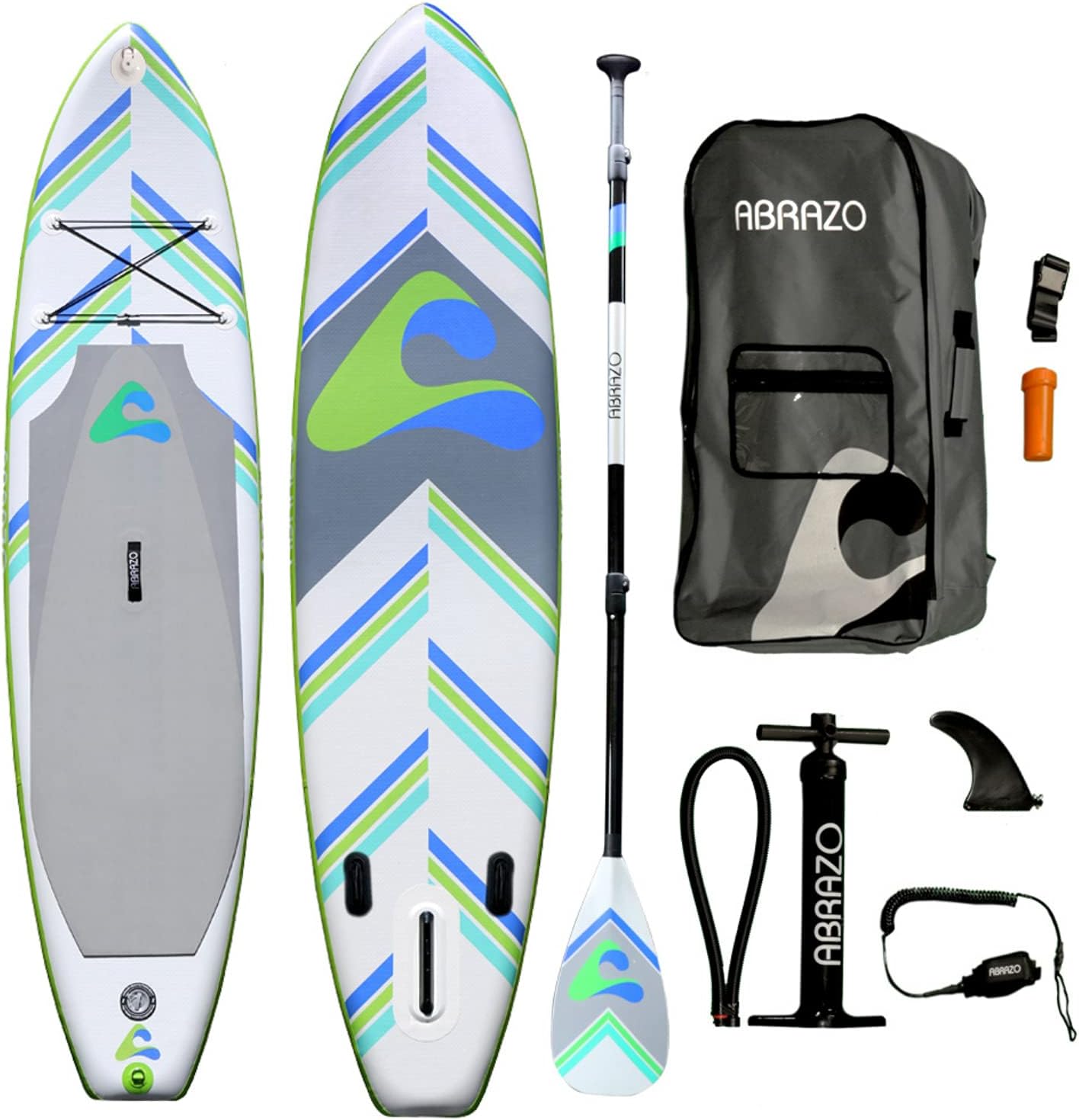 abrazo Inflatable Stand Up Paddle Board (6 Inches Thick) with SUP Accessories | Carry Bag, Pump, Fins, Paddle, Ankle Leash, Non-Slip Deck, and Repair Kit