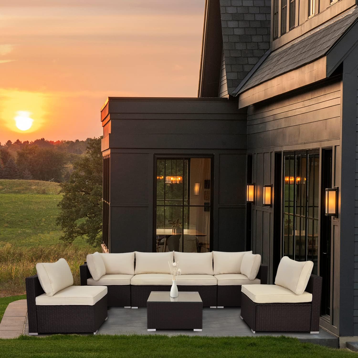 ESSENTIAL LOUNGER Outdoor Patio Furniture Set, 7pcs Patio Conversation Set Sectional Rattan Sofa Set Black PE Rattan Wicker (Orange)