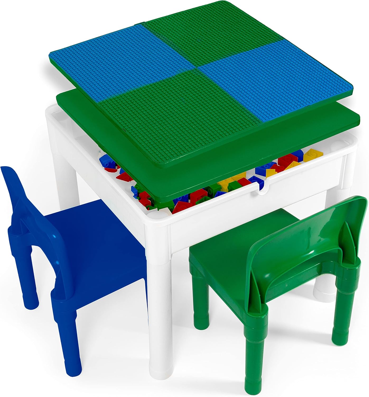 Play Platoon Kids Activity Table Set - 5 in 1 Water Table, Building Block Table, Craft Table and Sensory Table with Storage - Includes 2 Chairs and 25 Ex-Large Blocks &ndash; Primary Colors