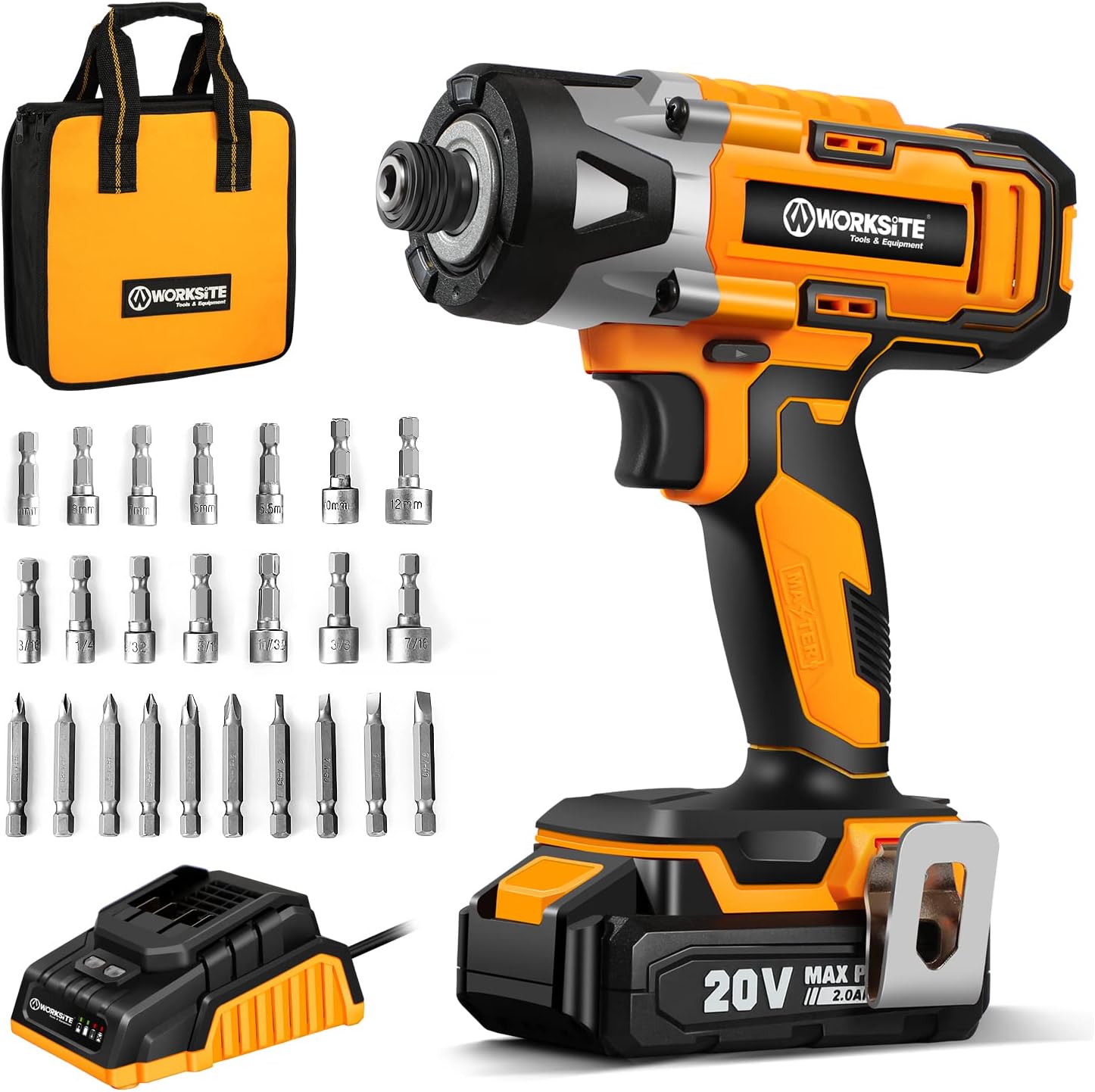 WORKSITE Cordless Impact Driver Kit, 2655 In-lbs (300N.m) Max Torque, 1/4