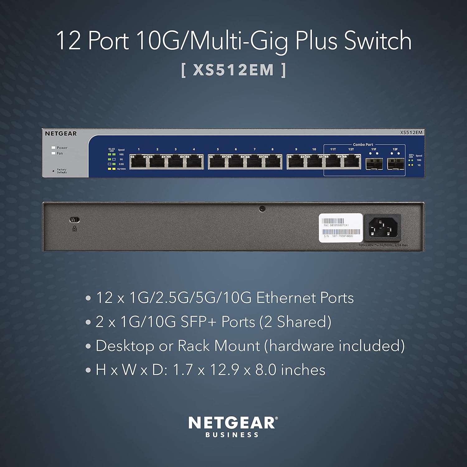 NETGEAR 12-Port 10G Multi-Gigabit Plus Switch (XS512EM) - Managed, with 2 x 10G SFP+, Desktop or Rackmount, and Limited Lifetime Protection