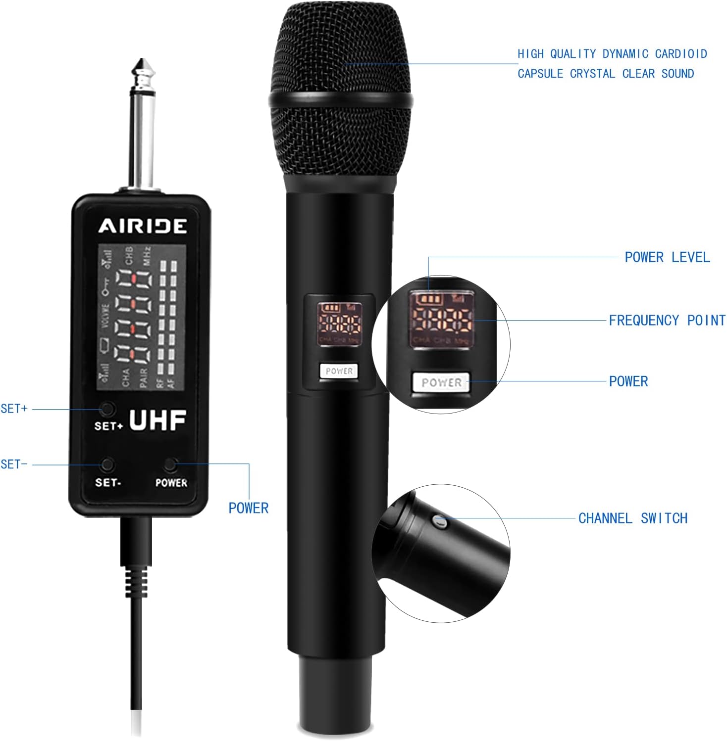 AIRIDE Portable UHF Wireless Microphone System with Metal Cordless Handheld Mic and USB Rechargeable Li-Battery for Karaoke, PA, Mixer, DJ Pack of 2