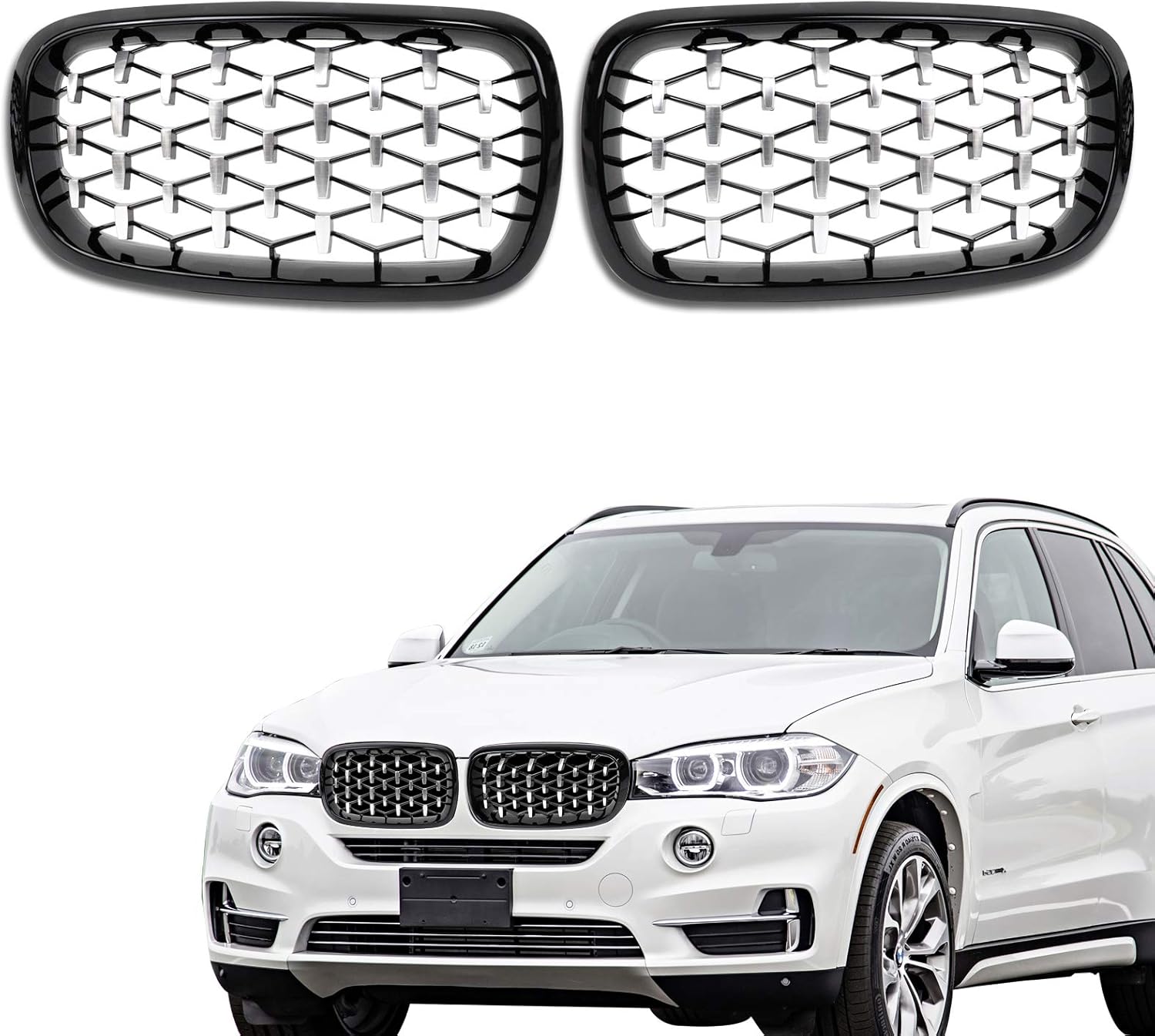 Front Kidney Grille Grill,DSISIMO Front Bumper Grille Grill Mesh Double Slats Front Hood Grill Compatible with BMW X5 F15 X6 F16 X5M F85 X6M F86 2014-2019 (Glossy Black) Pack of 2