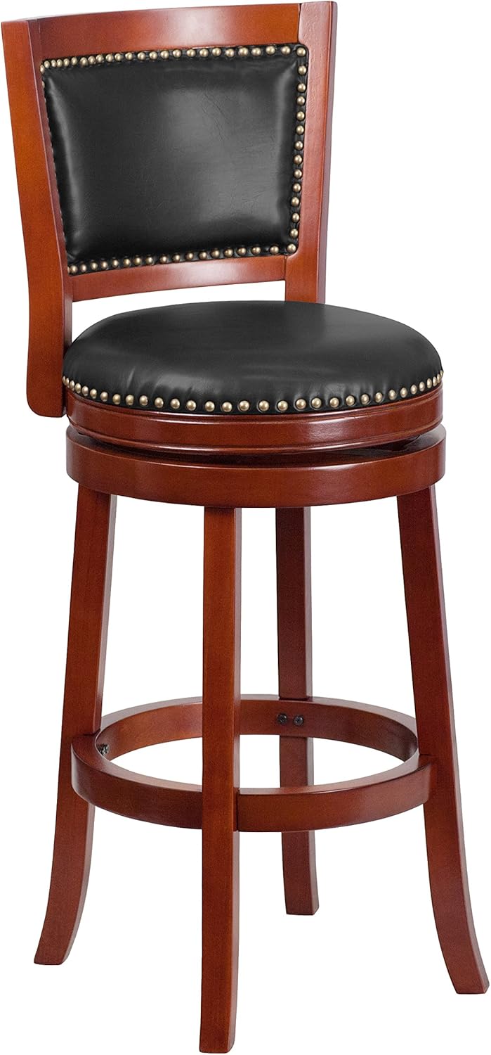 Flash Furniture 30'' High Dark Cherry Wood Barstool with Open Panel Back and Walnut LeatherSoft Swivel Seat