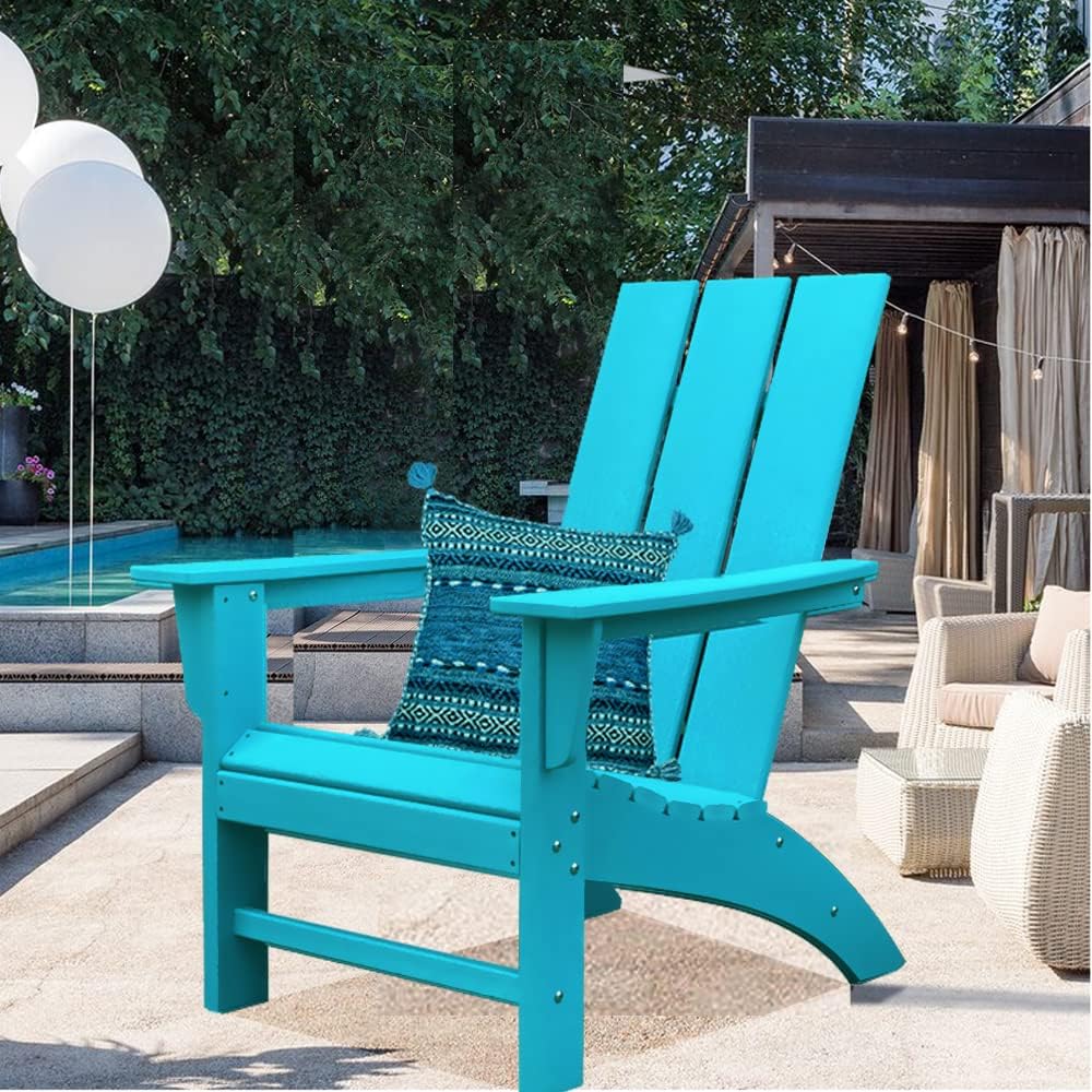 POLYDUN Modern Adirondack Chair, HDPE Outdoor Weather Resistant Plastic Lounge Beach Chairs for Pool Patio Deck Garden, Backyard and Lawn Furniture(Weathered Wood)