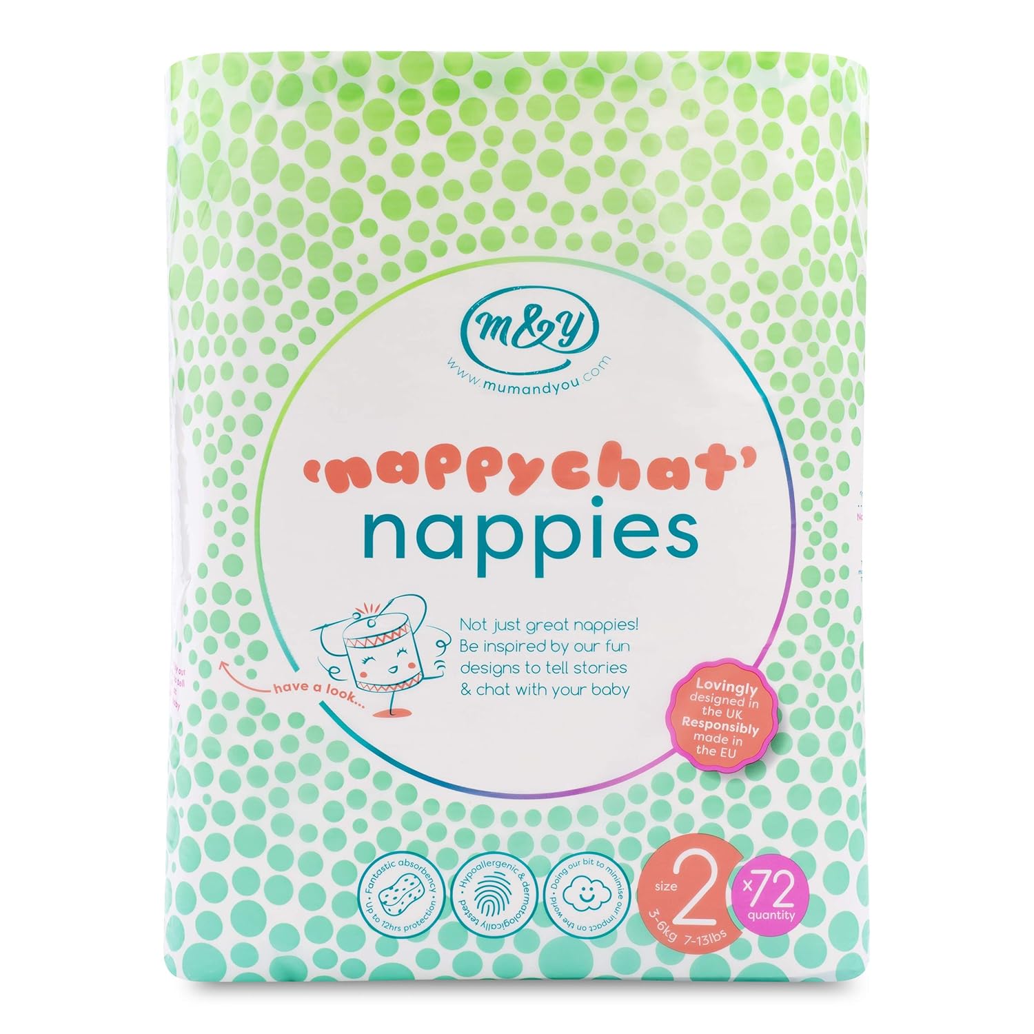 Mum & You Nappychat Eco-Friendly Diapers​ - Newborn/Size 2 144 ct (2 pk of 72) 7-13 lbs. Made Using Biodegradable Wood Pulp. Hypoallergenic, Dermatologically Tested, Free from Lotion and Perfumes. Pack of 2