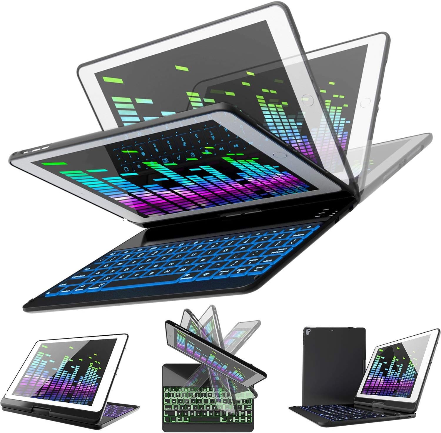 iPad Keyboard Case for iPad 2018 (6th Gen) - iPad 2017 (5th Gen) - iPad Pro 9.7 - iPad Air 2 & 1 - Thin & Light - 360 Rotatable - Wireless/BT - Backlit 7 Color (9.7, Black)
