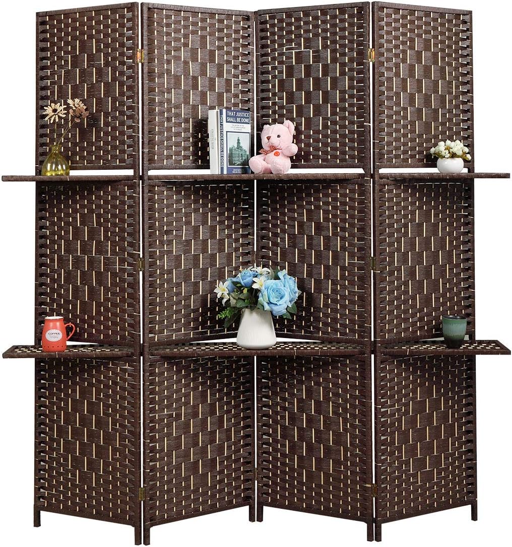 4 Panel Folding Paper Rope Screen Room Divider Freestanding Divider with Double Hinges and Two Partitions Design for Indoor (Black)