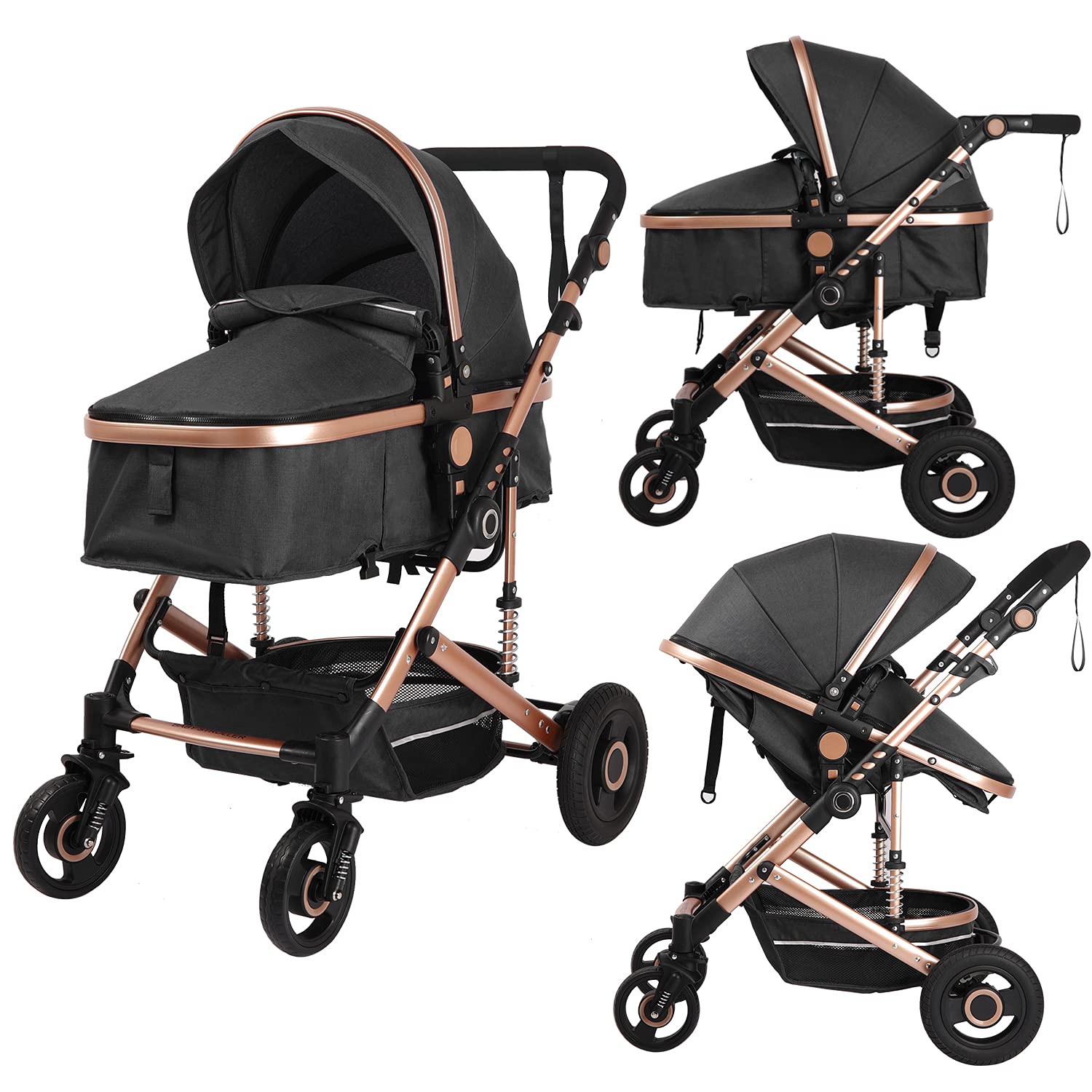 Bassinet Convertible Standard Baby Strollers - Reversible High Landscape Newborn and Infant Pram (Black)