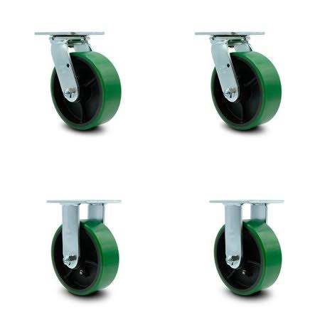 Service Caster - 6x22 x 2x22 Polyurethane Wheel Caster Set - Green on Black - 2 Swivel/2 Rigid - Non Marking - 4,800 lbs Total C