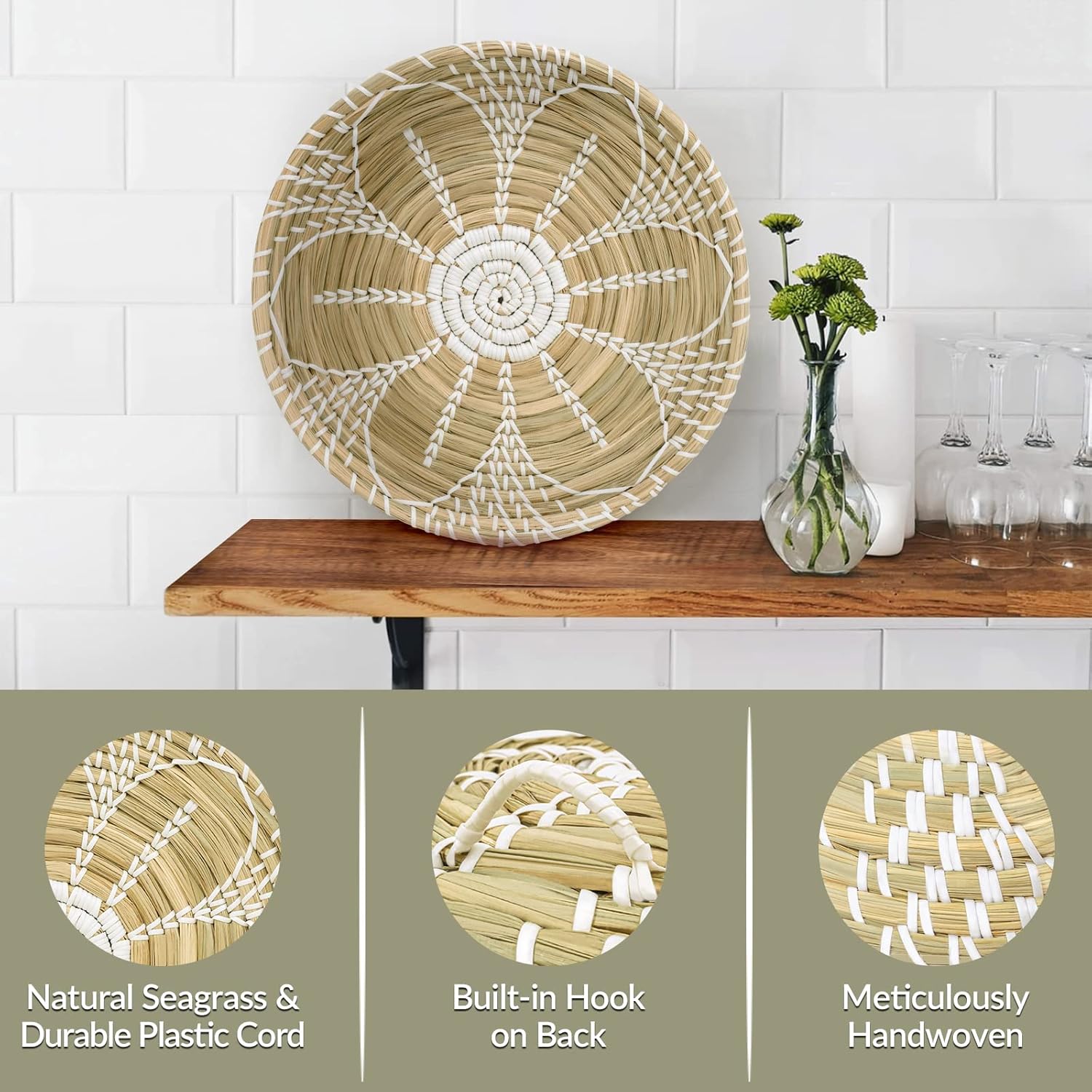 Hanging Woven Wall Basket Decor - Wicker Wall Baskets Decor Boho Flat set of 5 – Rattan Wall Decor Art - African Baskets For Wall - Seagrass Basket Round Boho Wall Decor 7.8” to 13.4” Pack of 2