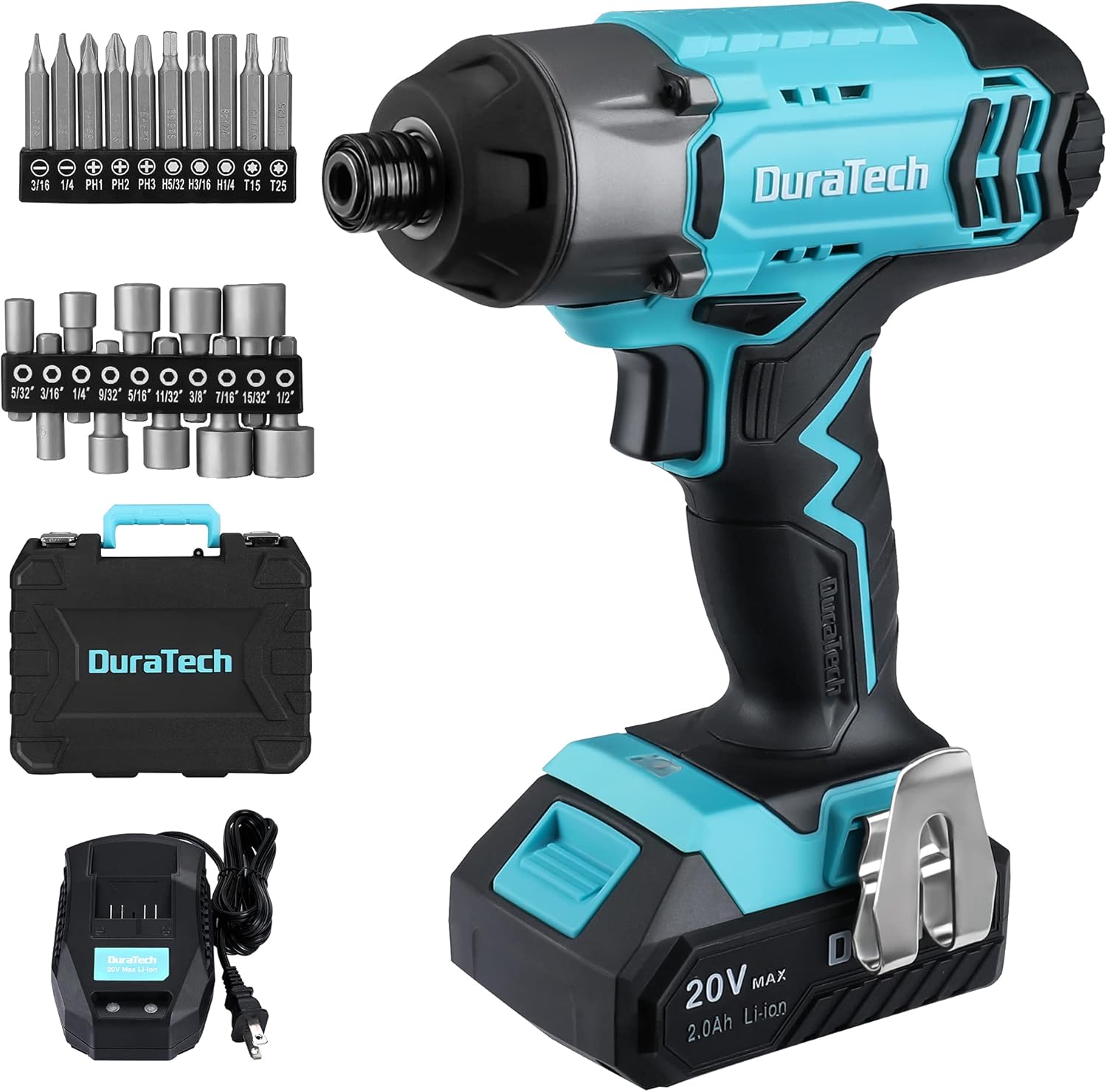 DURATECH 20V Cordless Impact Driver Kit, 1/4-Inch Power Impact Driver with 20-piece Durable Bits, 1500In-lbs, 2600RPM, LED Light, 2.0Ah Battery and Fast Charger Included
