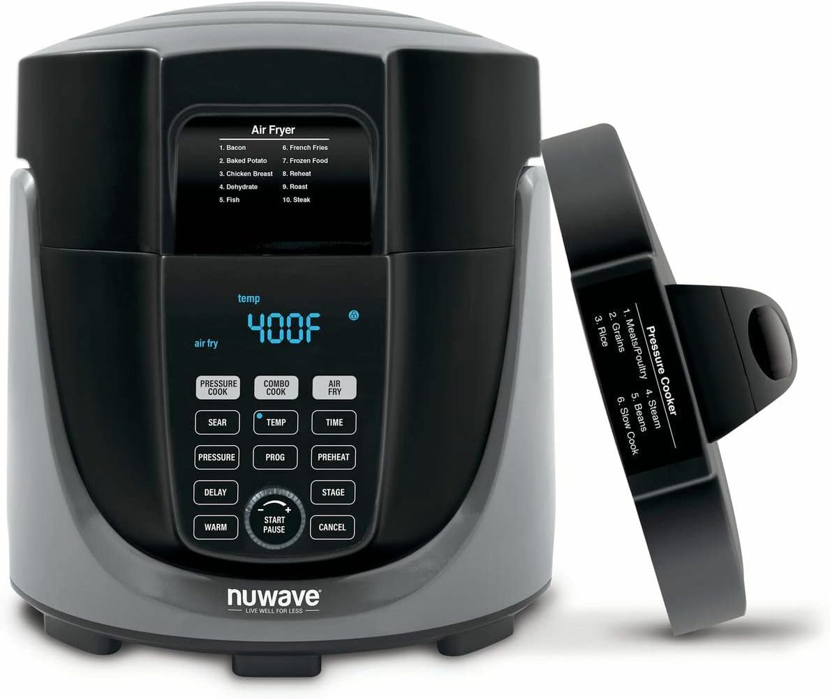 NUWAVE Duet Pressure Air Fryer, Combo Cook Technology, Removable Pressure and Air Fry Lids, 6QT Stainless Steel Pot, Stainless Steel Reversible Rack & 4 Quart Non-Stick Air Fryer Basket; Built-in Sure-Lock Safety Technology, Steam, Sear, Saute, Slow