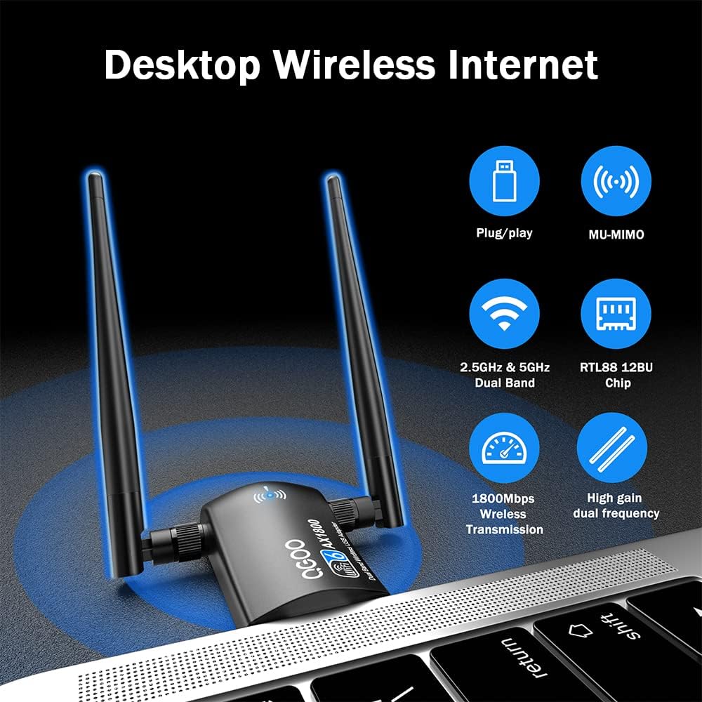 USB WiFi 6 Adapter for PC, QGOO AX1800 USB 3.0 WiFi Dongle Dual Band 5Ghz/2.4Ghz High Gain Dual 5dBi Antennas 802.11ax MU-MIMO Wireless Network Adapter for PC Desktop Laptop Supports Windows 11/10/7 Pack of 2
